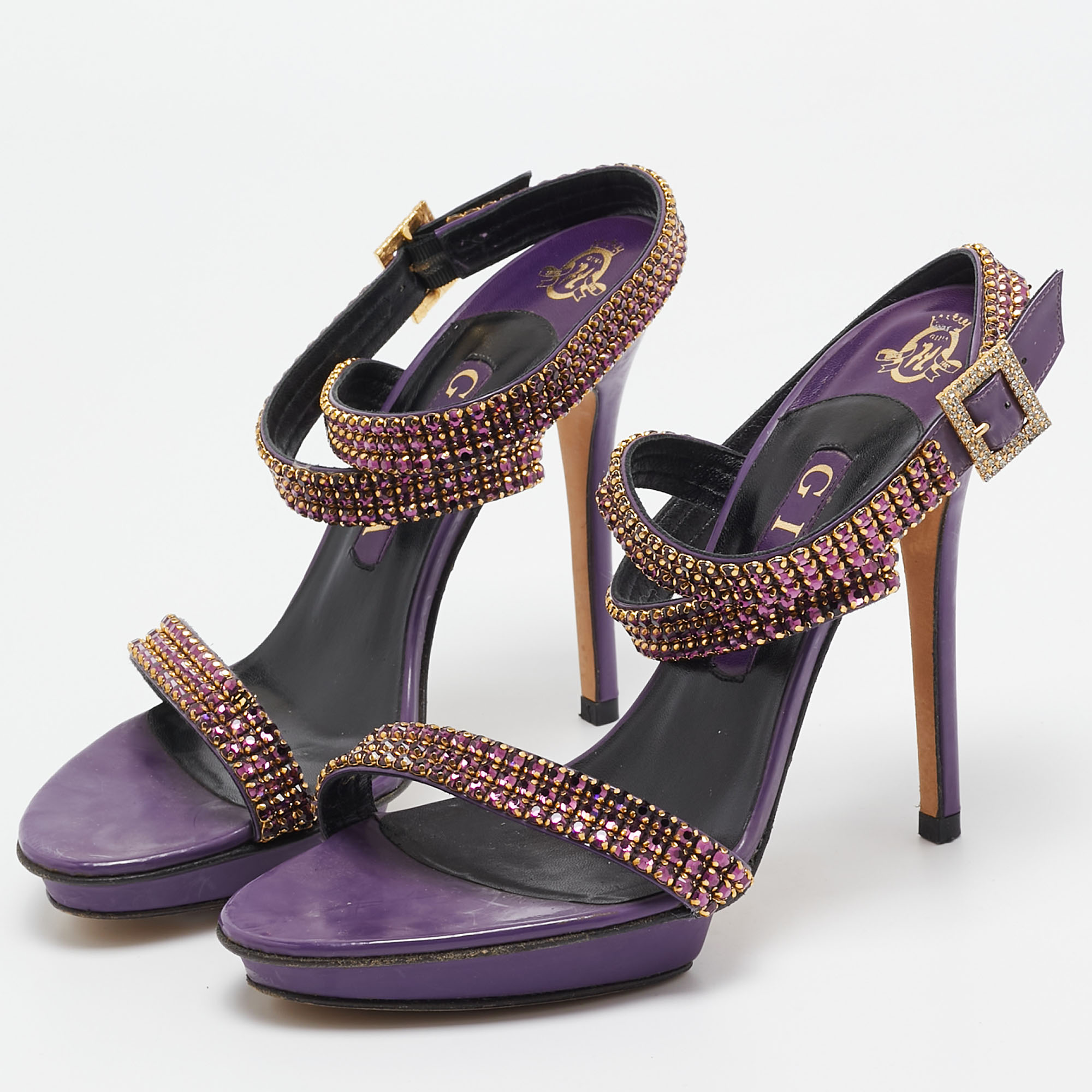 Gina Purple Leather Crystal Embellished Ankle Strap Sandals Size 38 