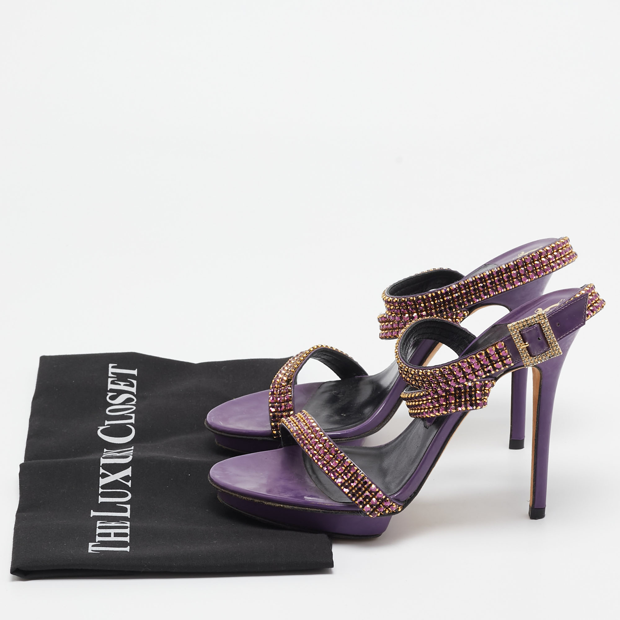 Gina Purple Leather Crystal Embellished Ankle Strap Sandals Size 38 