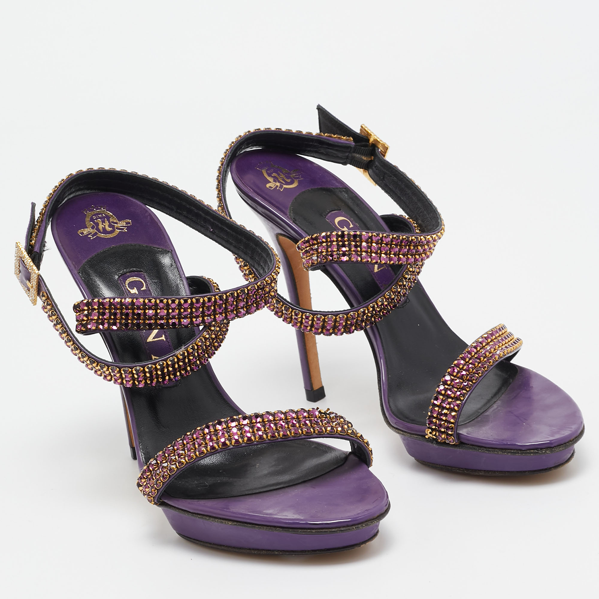 Gina Purple Leather Crystal Embellished Ankle Strap Sandals Size 38 