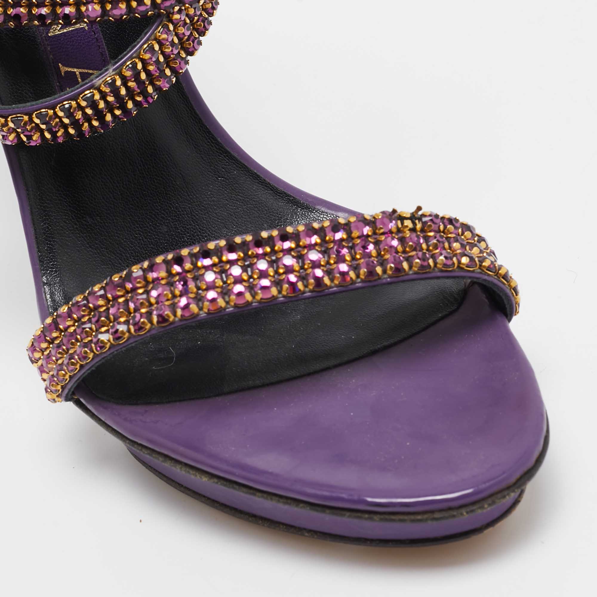 Gina Purple Leather Crystal Embellished Ankle Strap Sandals Size 38 