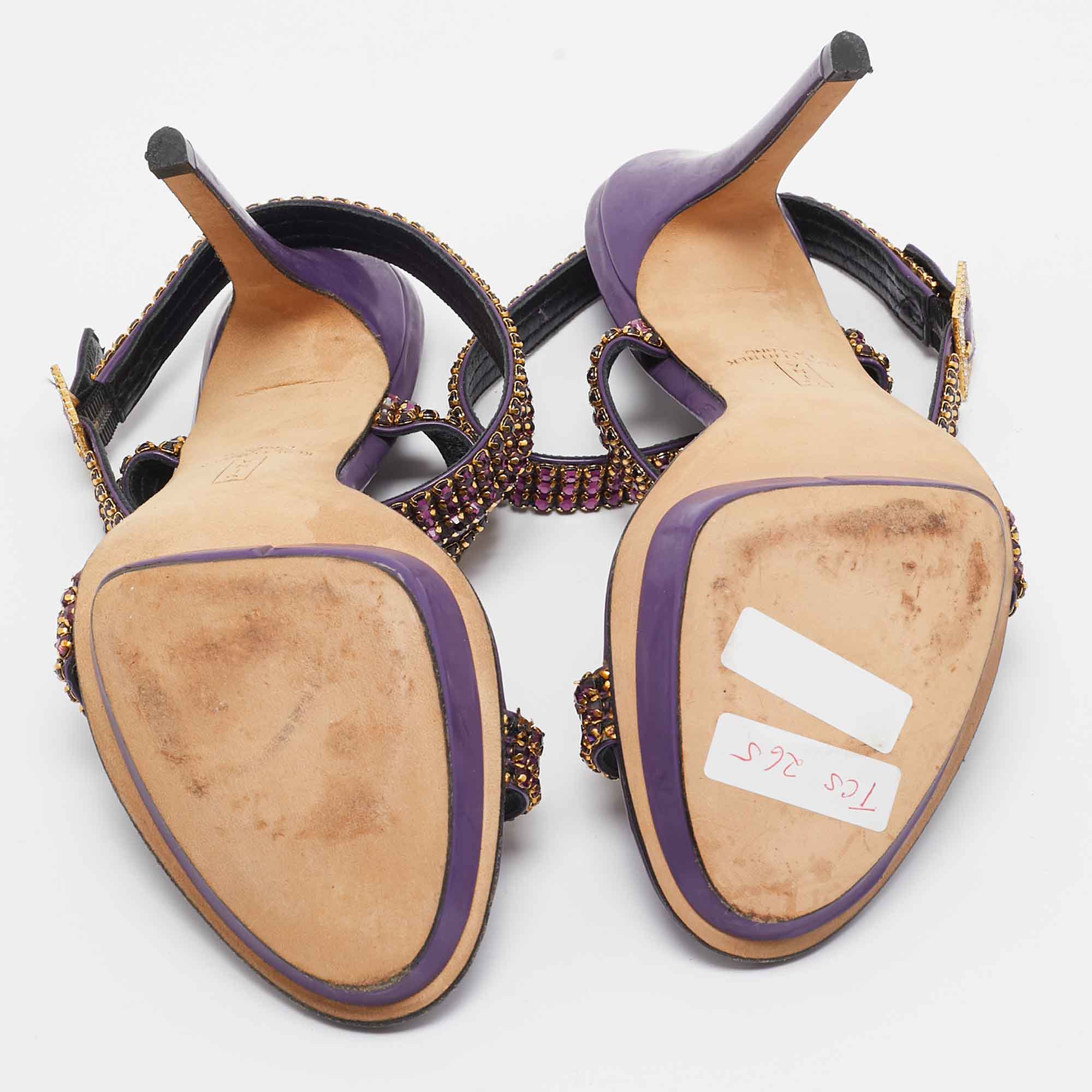 Gina Purple Leather Crystal Embellished Ankle Strap Sandals Size 38 