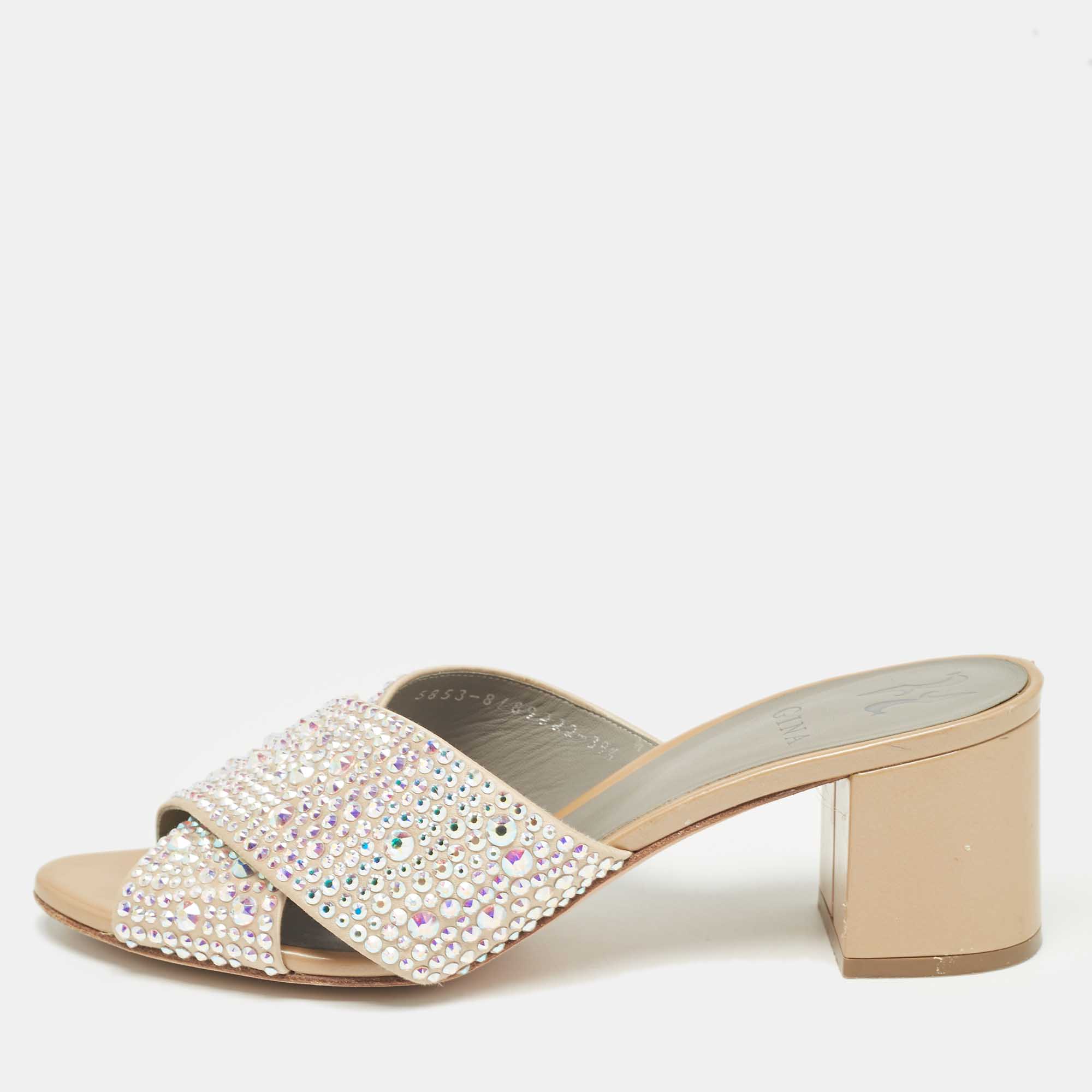 

Gina Beige Crystal Embellished Satin Slide Sandals Size