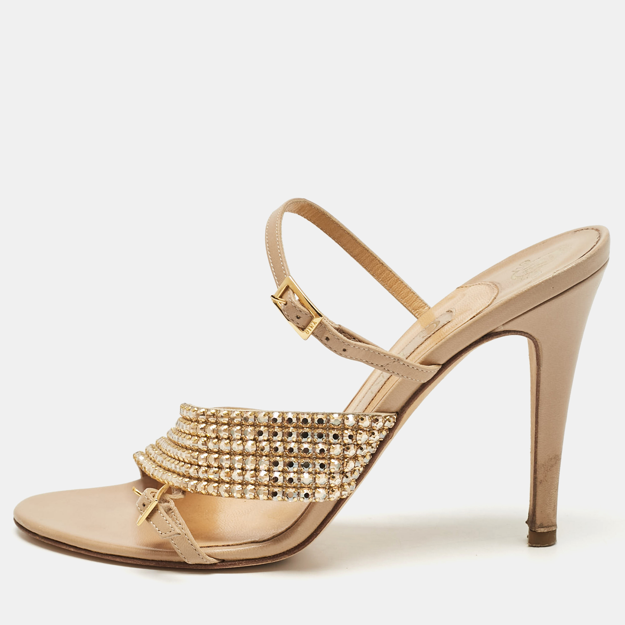 

Gina Beige Leather Crystal Embellished Ankle Strap Sandals Size