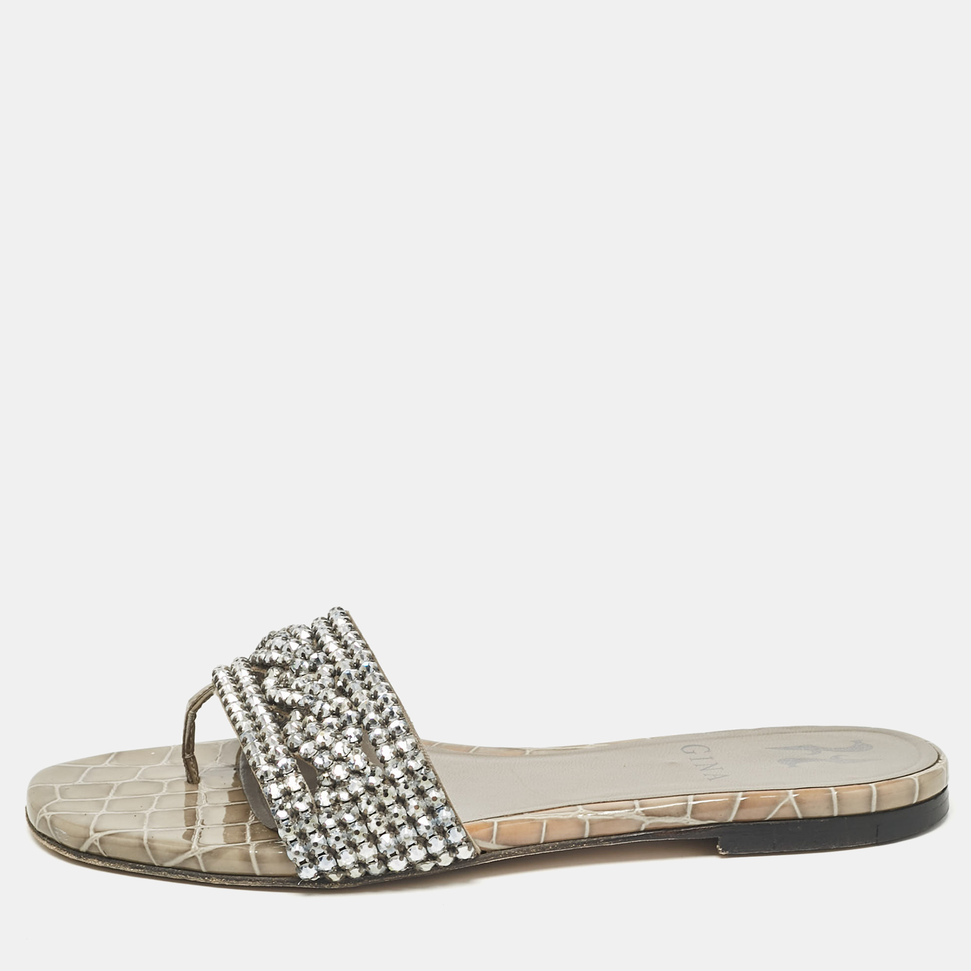 

Gina Grey Croc Embossed Patent and Leather Crystal Embellished Flat Slides Size