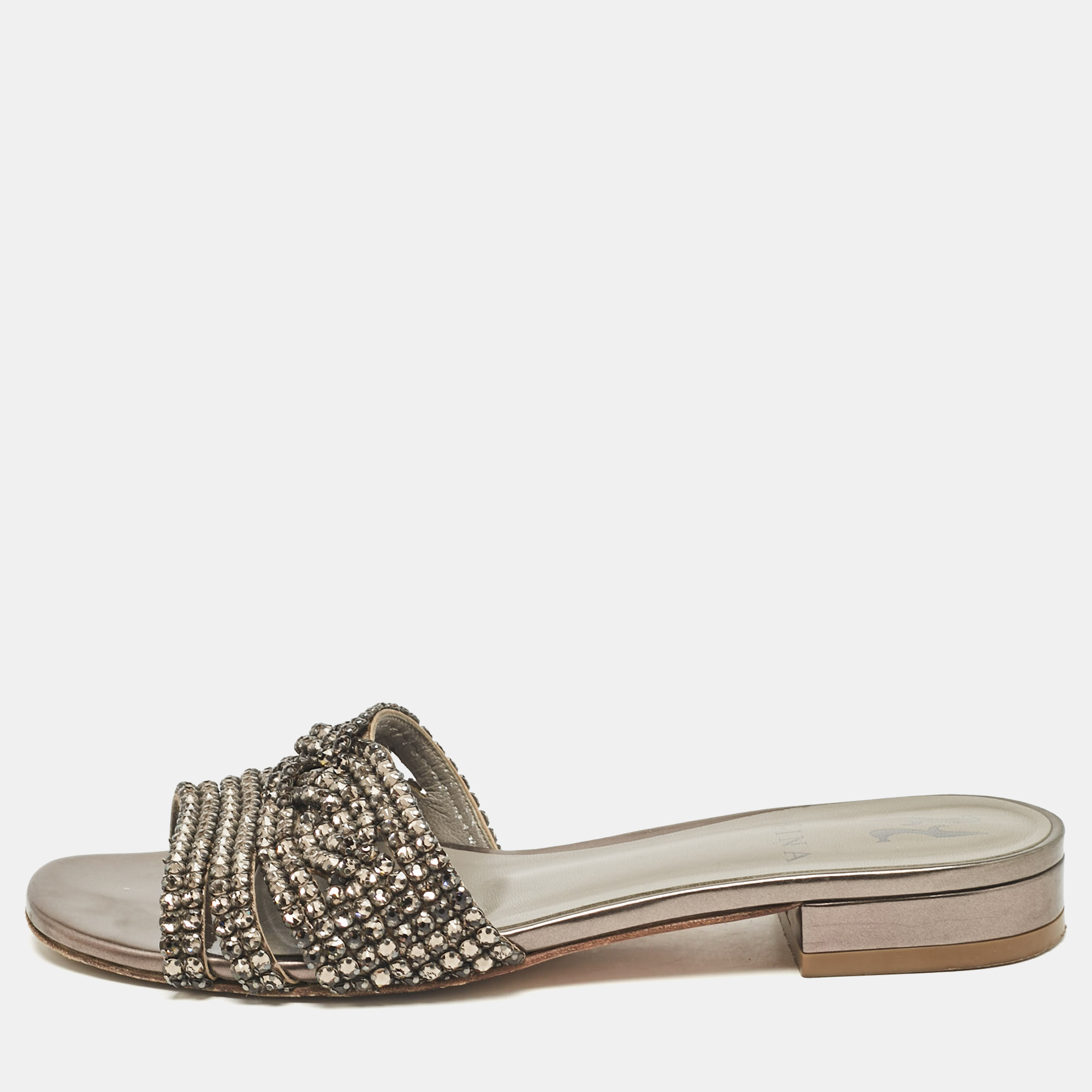 

Gina Metallic Bronze Leather Crystal Embellished Flat Slides Size