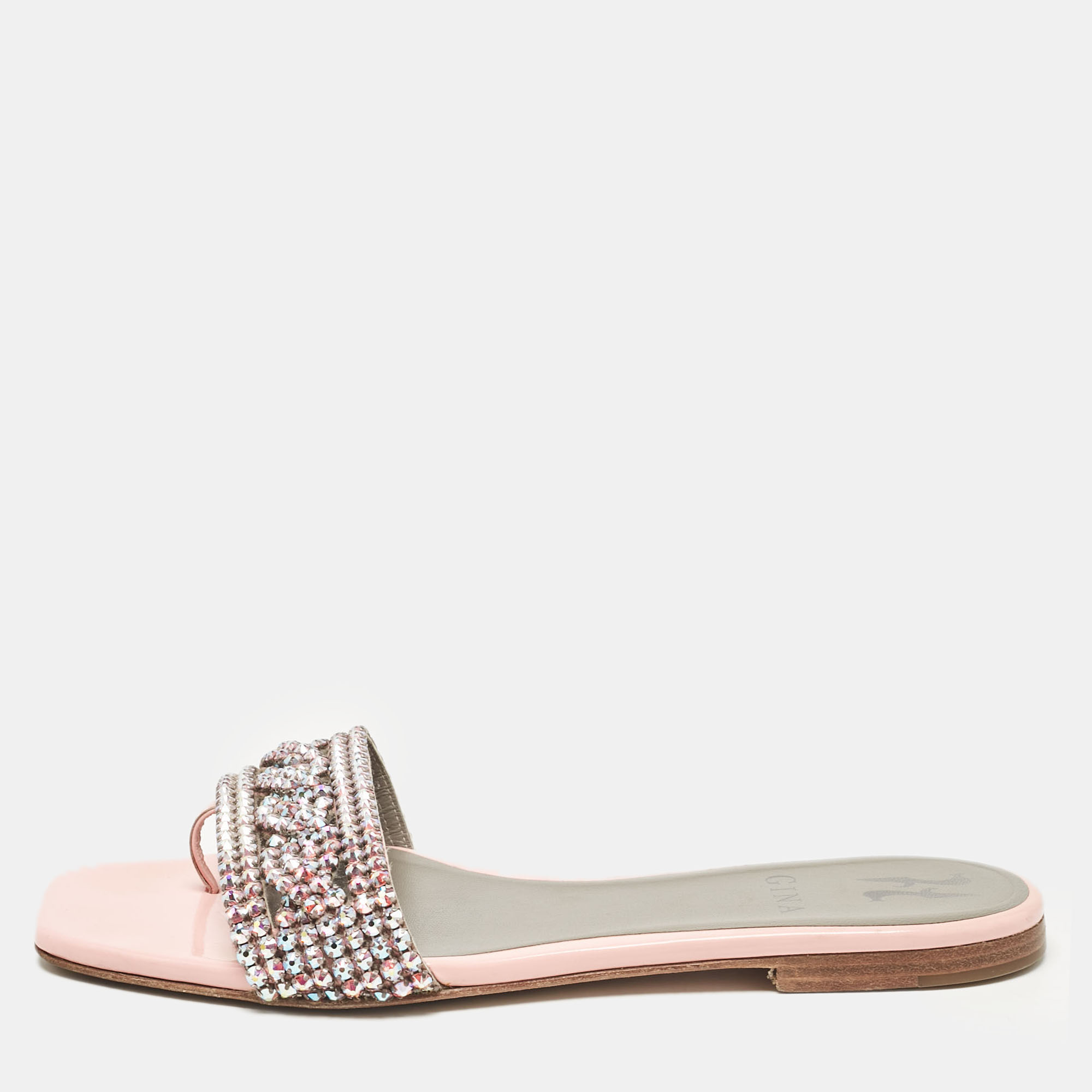 

Gina Pink Crystal Embellished Leather Flat Slides Size