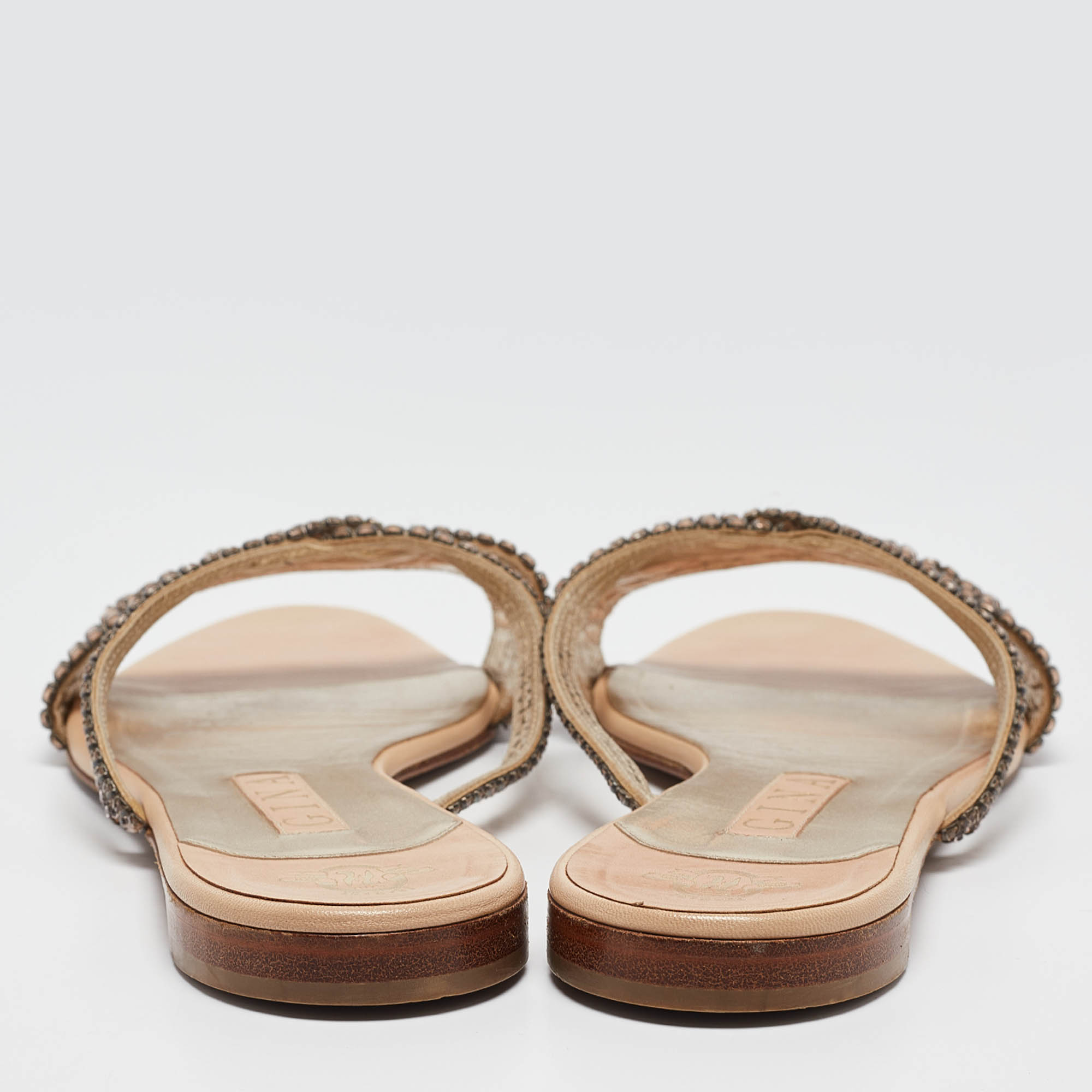 Gina Pink Crystal Embellished Leather Flat Slides Size 40.5 