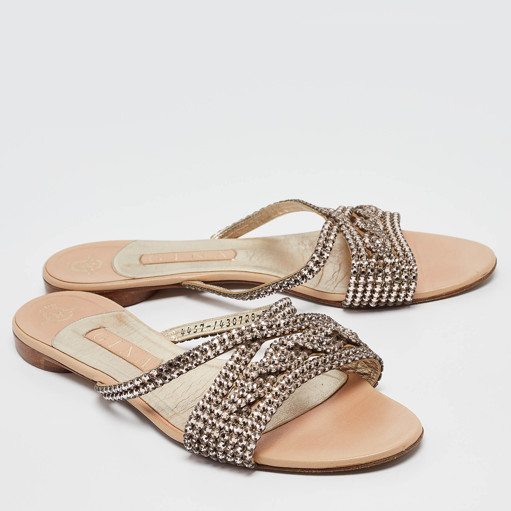 Gina Pink Crystal Embellished Leather Flat Slides Size 40.5 