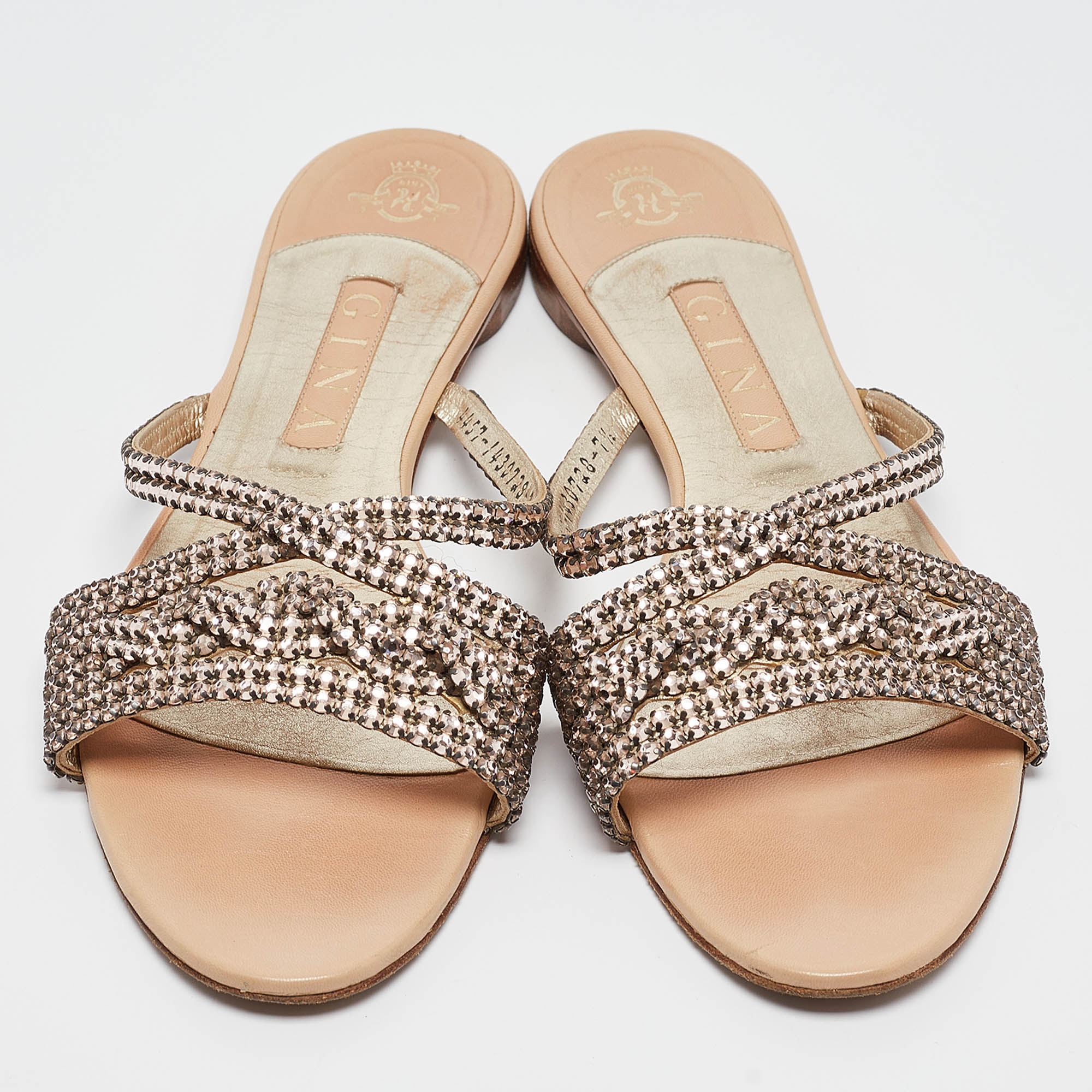 Gina Pink Crystal Embellished Leather Flat Slides Size 40.5 