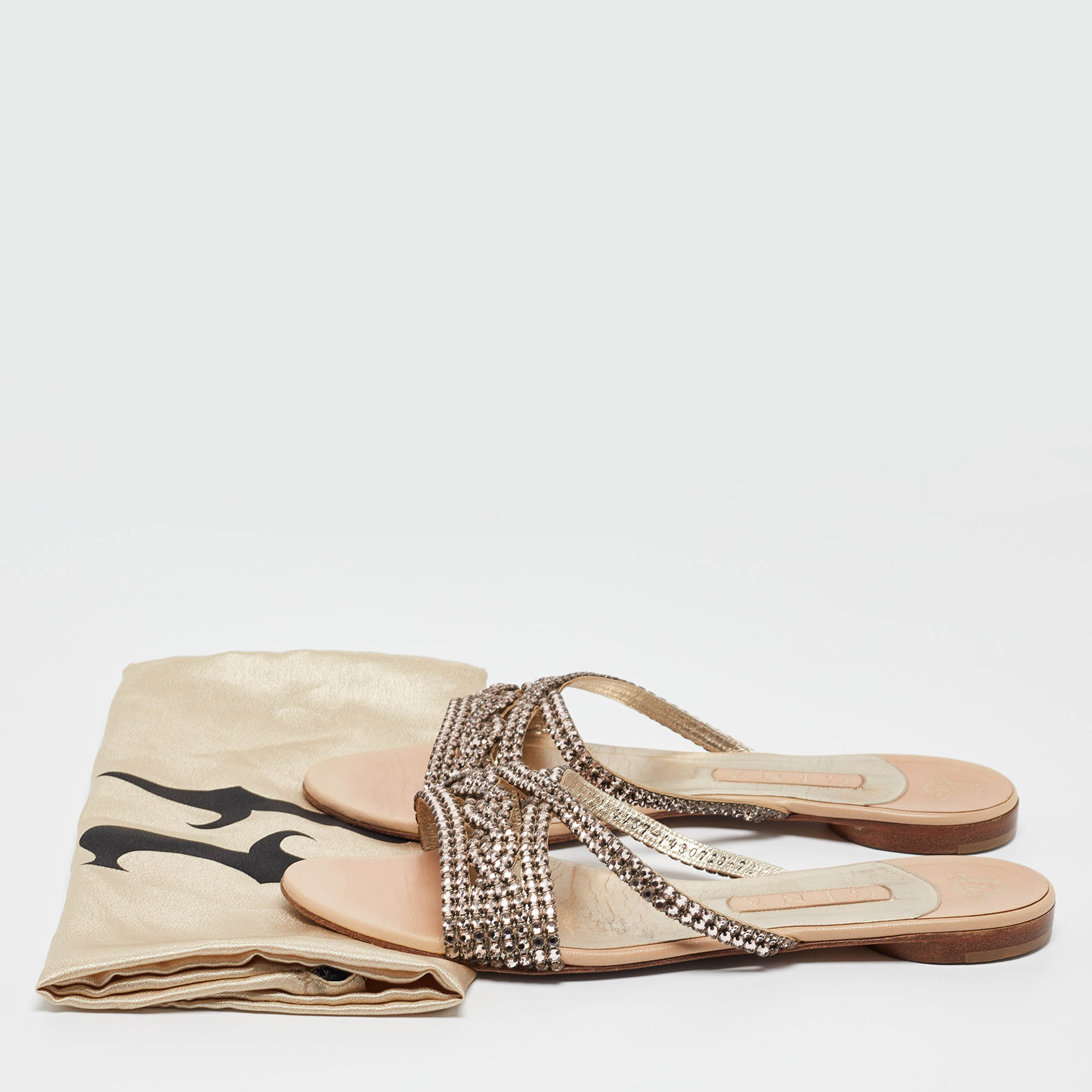 Gina Pink Crystal Embellished Leather Flat Slides Size 40.5 