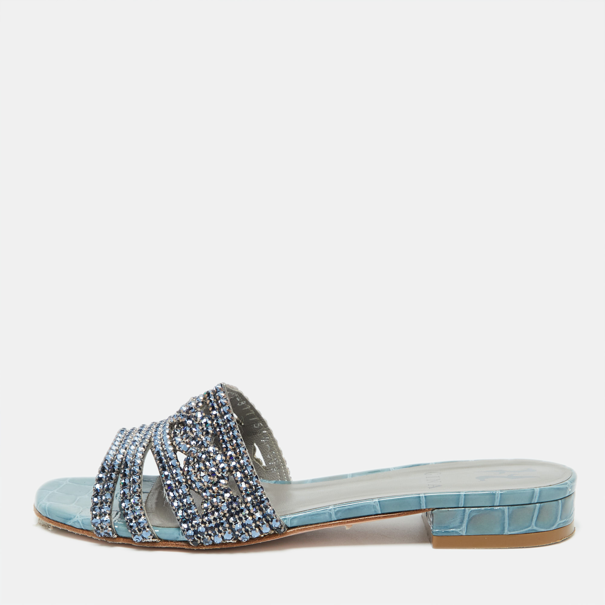 

Gina Blue Croc Embossed Patent Leather Slide Sandals Size