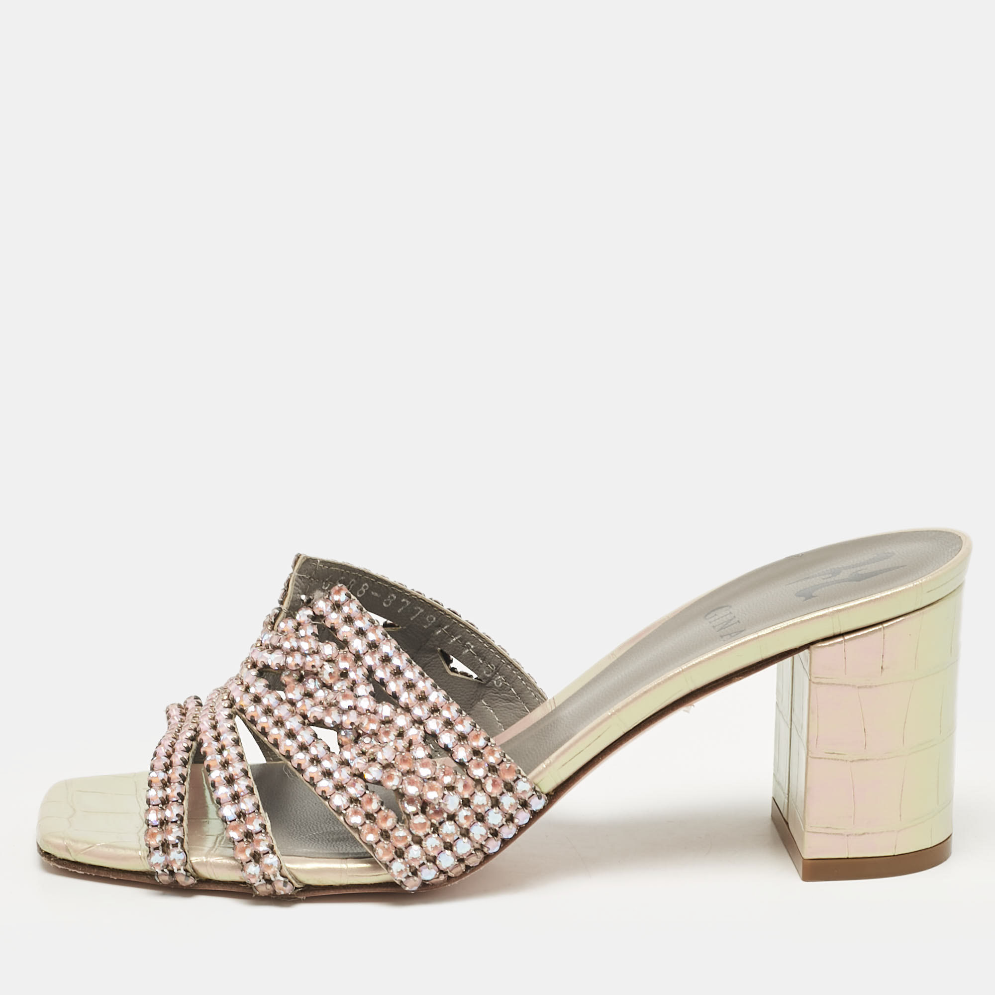 

Gina Pink Crystal Embellished Leather Slide Sandals Size