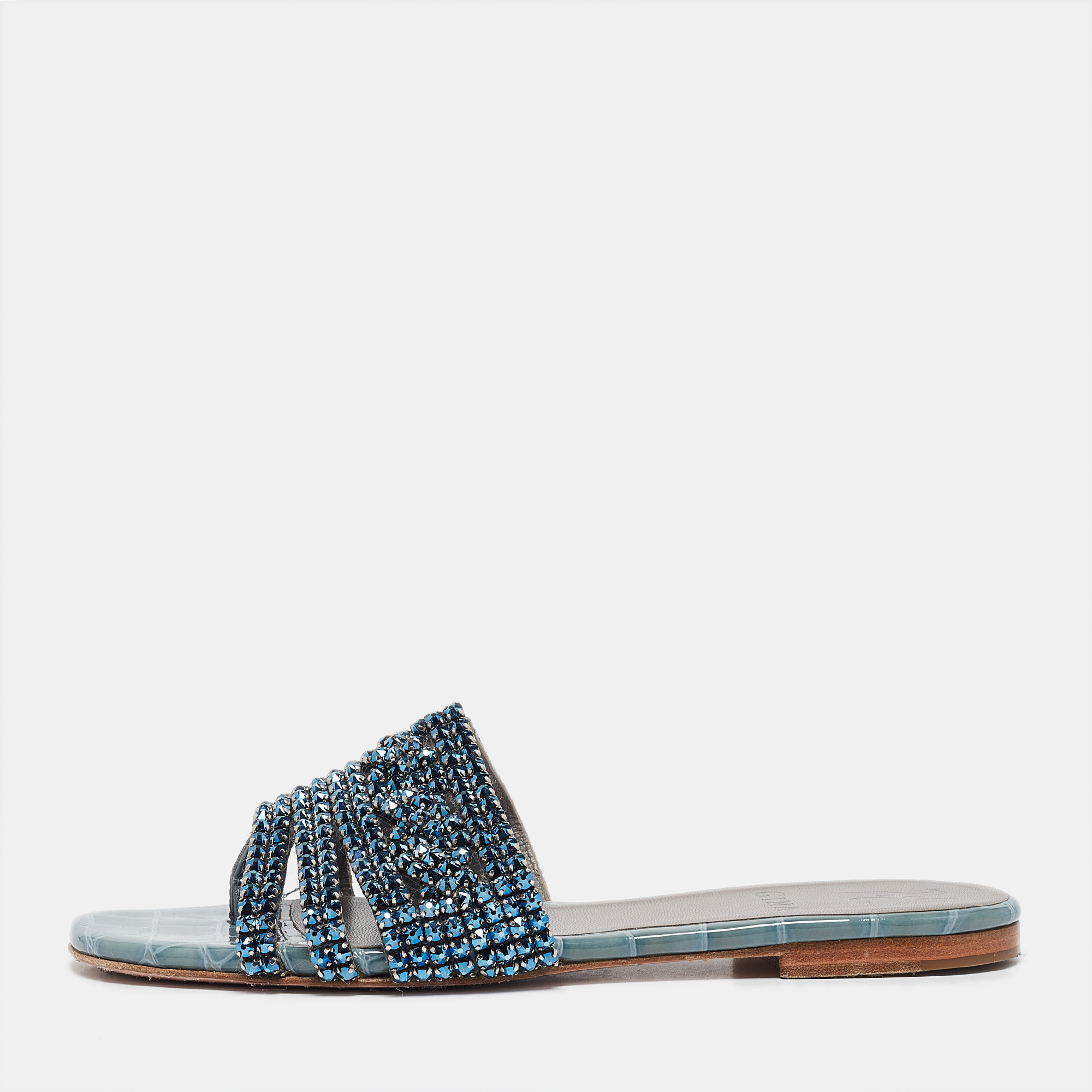 

Gina Blue Crystal Embellished Leather Flat Slides Size 37