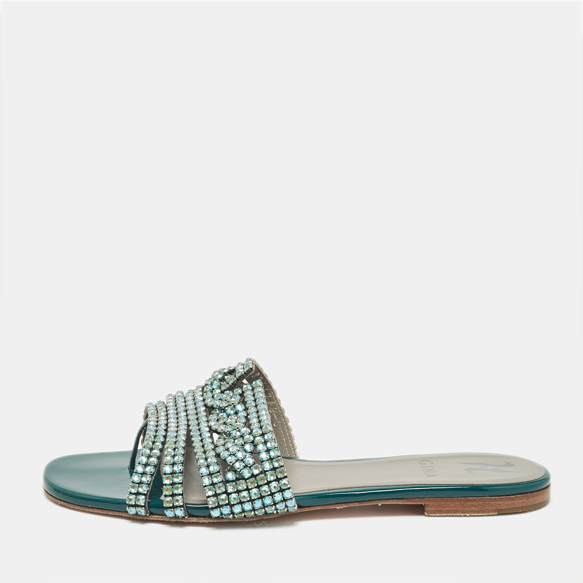 

Gina Blue Crystal Embellished Leather Thong Flat Slides Size 39