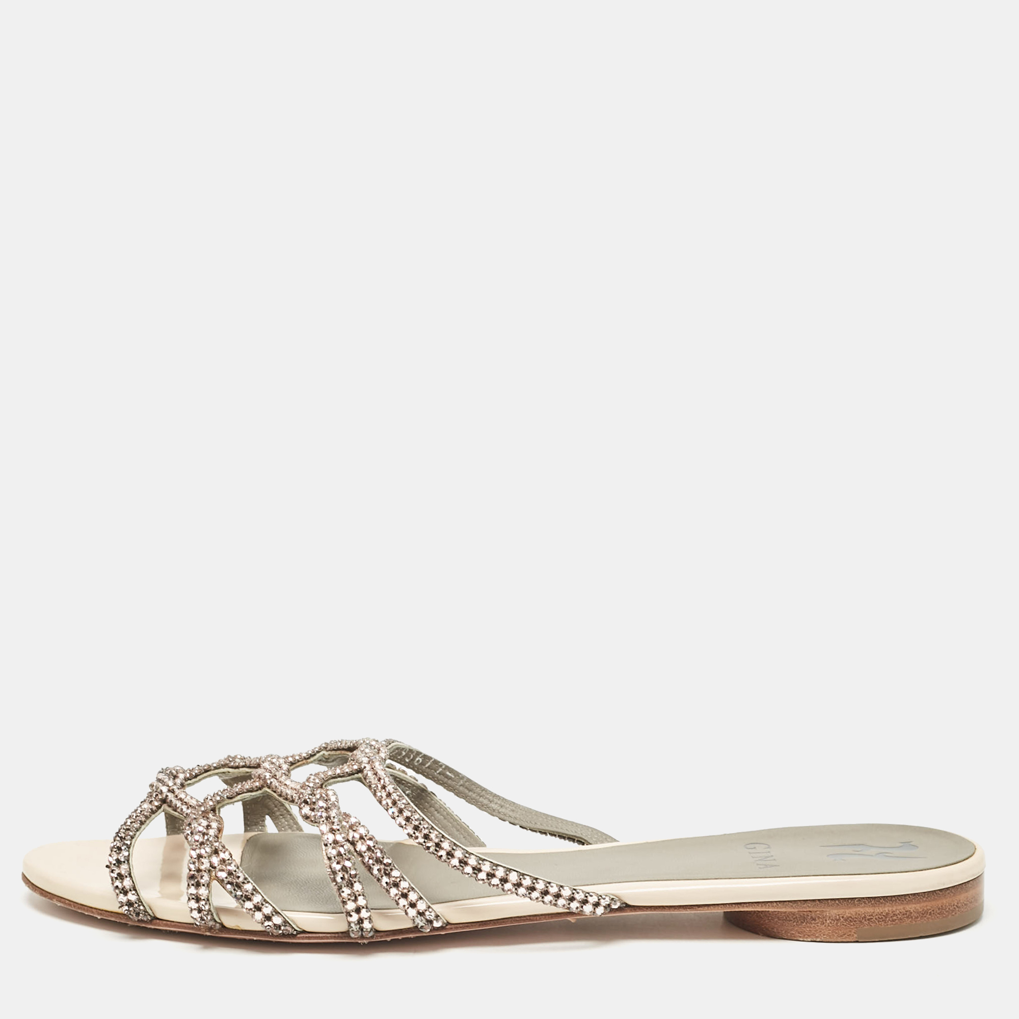 

Gina Beige Leather Crystal Embellished Flat Slides Size 40