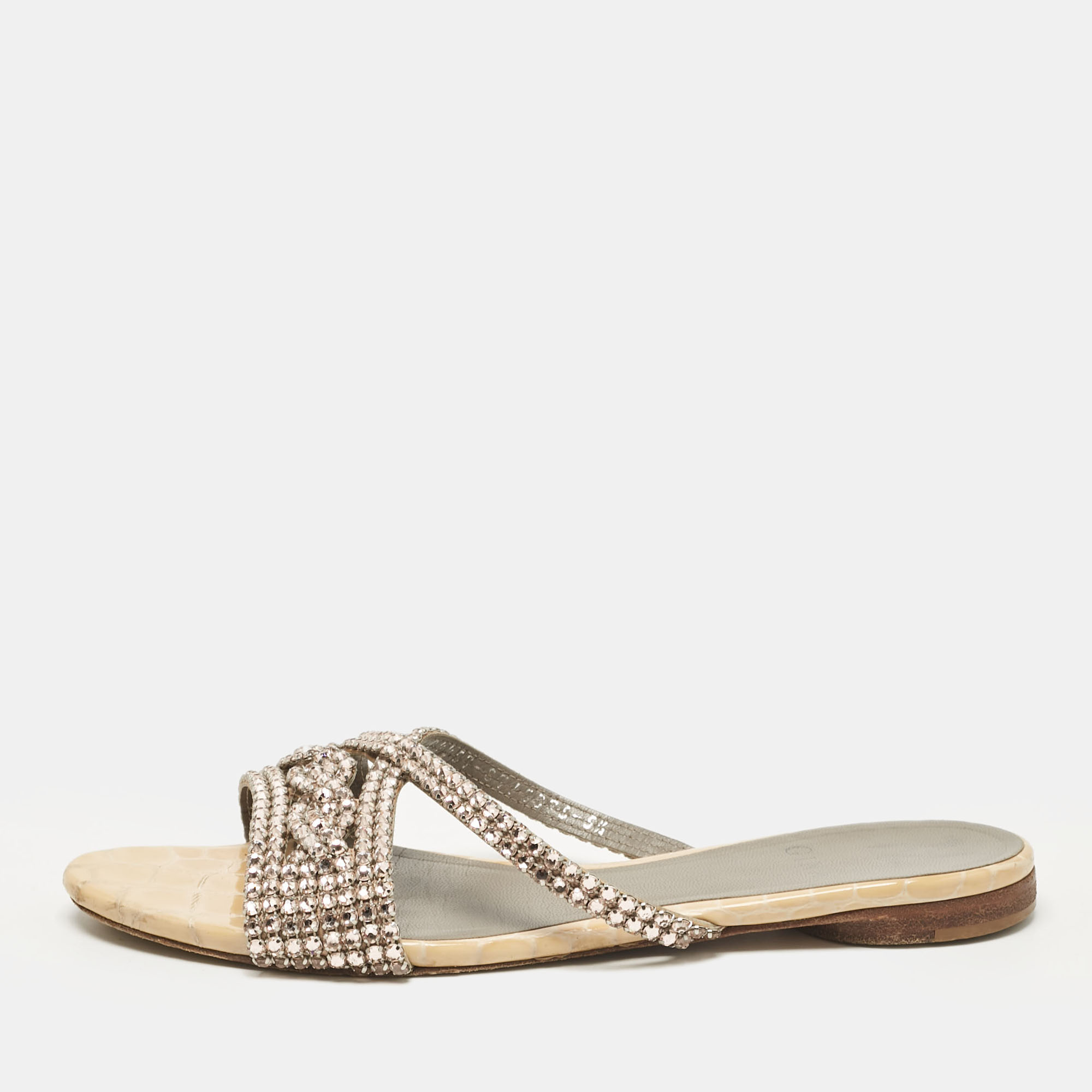 

Gina Pink/Beige Crystal Embellished Leather Flat Slides Size 38.5