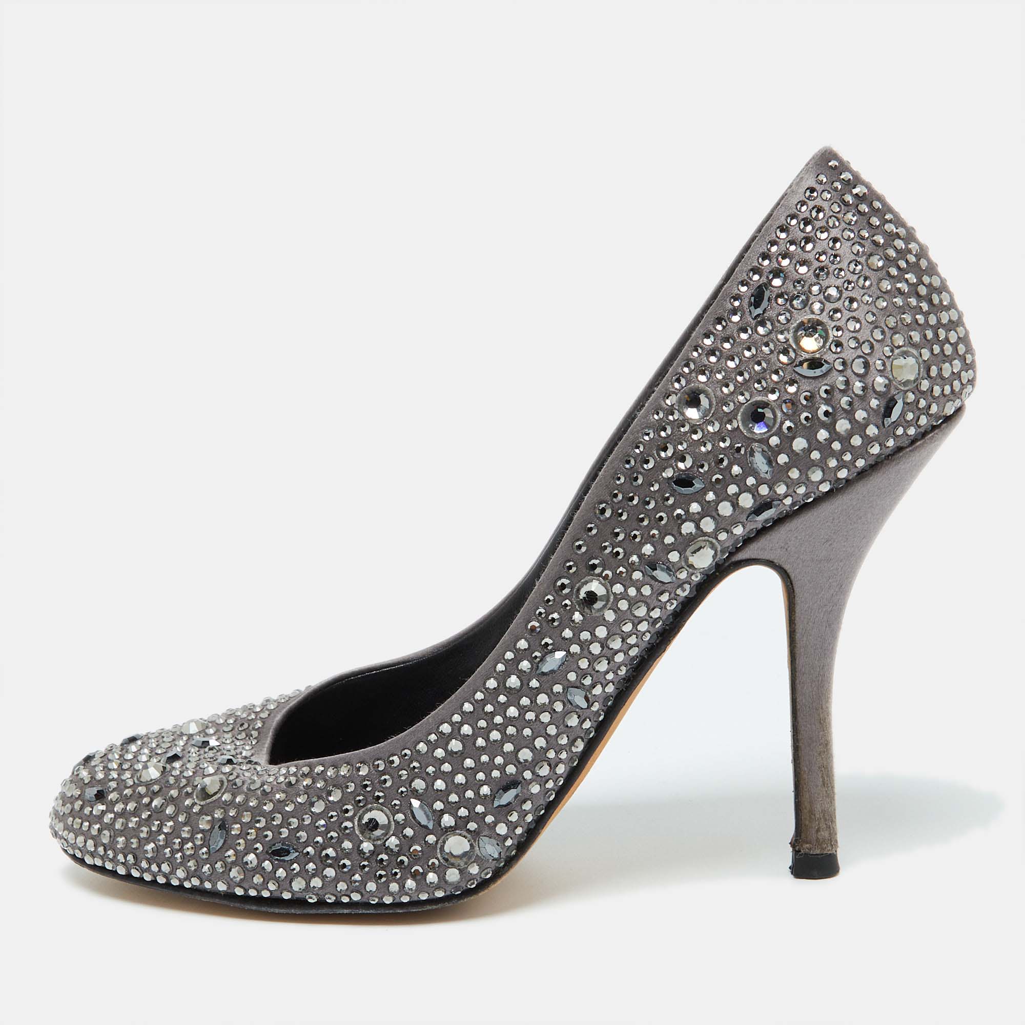 Pre-owned Gina Dark Grey Satin Crystal Embellished Pumps Size 38