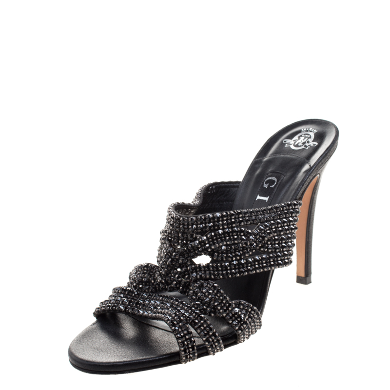 Pre Owned Gina Black Crystal Embellished Leather Slides Size 38.5