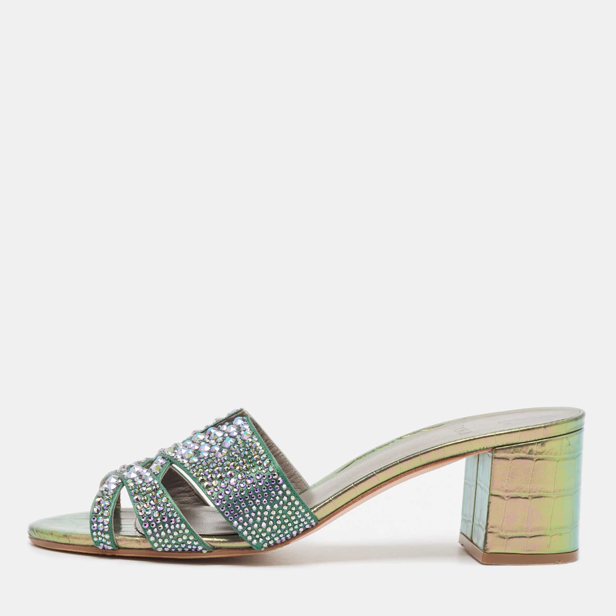 

Gina Green Satin Crystal Embellished Orsay Block Heel Slide Sandals Size