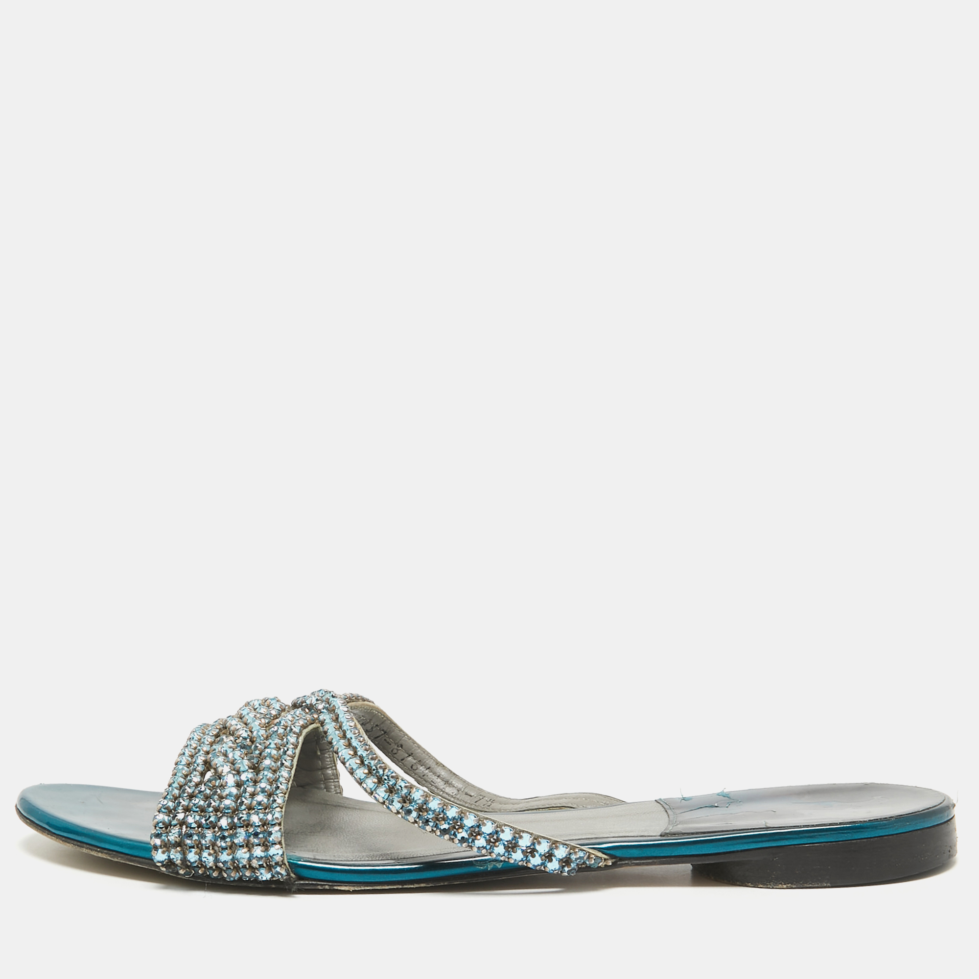 

Gina Blue Leather Crystal Embellished Flat Sandals Size 40.5