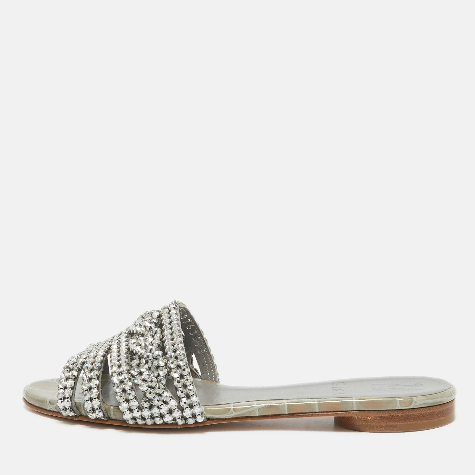 

Gina Grey Leather Crystal Embellished Flat Slide Sandals Size 36