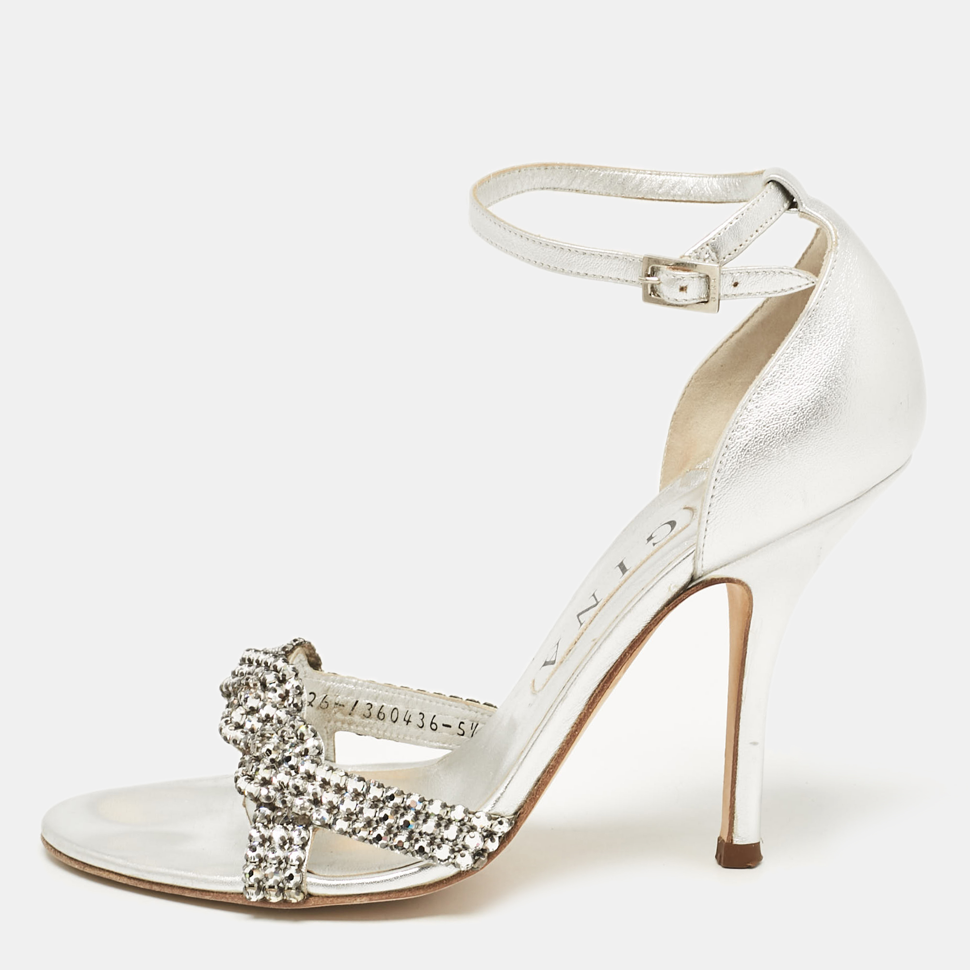 

Gina Silver Leather Crystal Embellished Ankle Strap Sandals Size 38.5