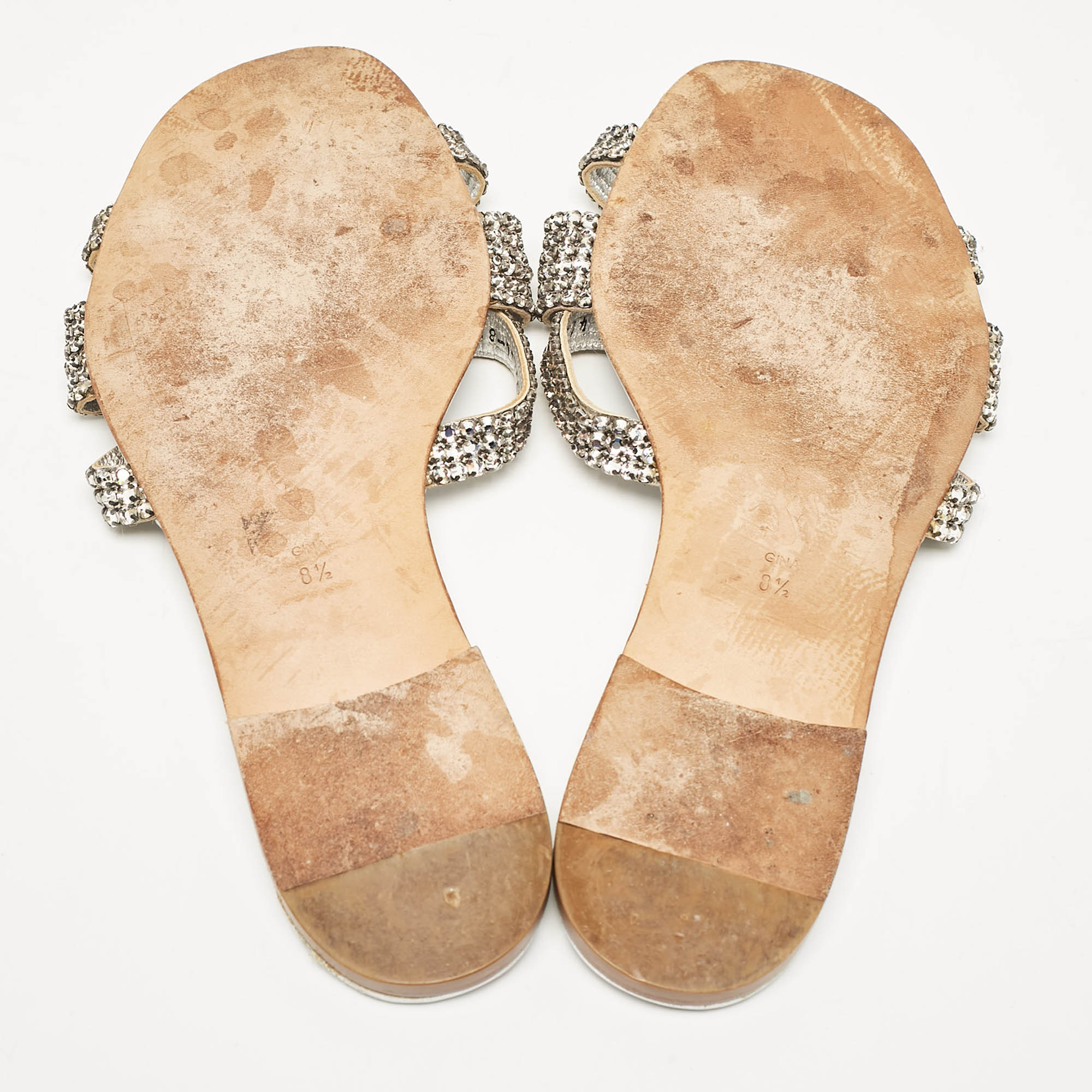 Gina Silver Leather Crystal Embellished  Flat Sandals Size 41.5 