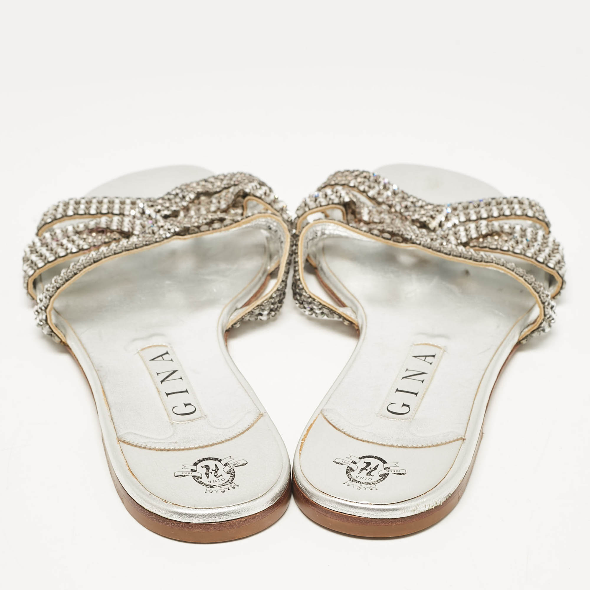 Gina Silver Leather Crystal Embellished  Flat Sandals Size 41.5 