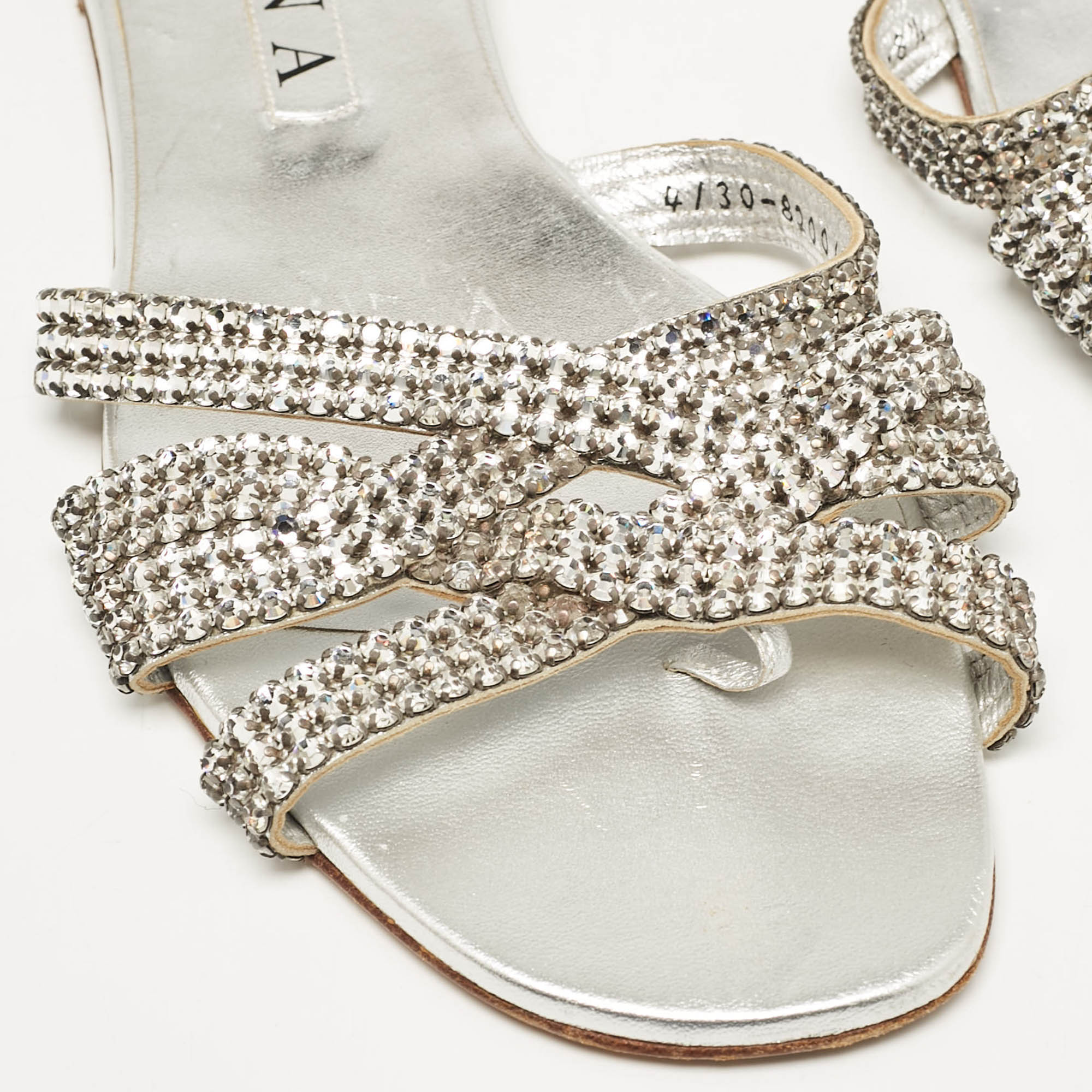 Gina Silver Leather Crystal Embellished  Flat Sandals Size 41.5 
