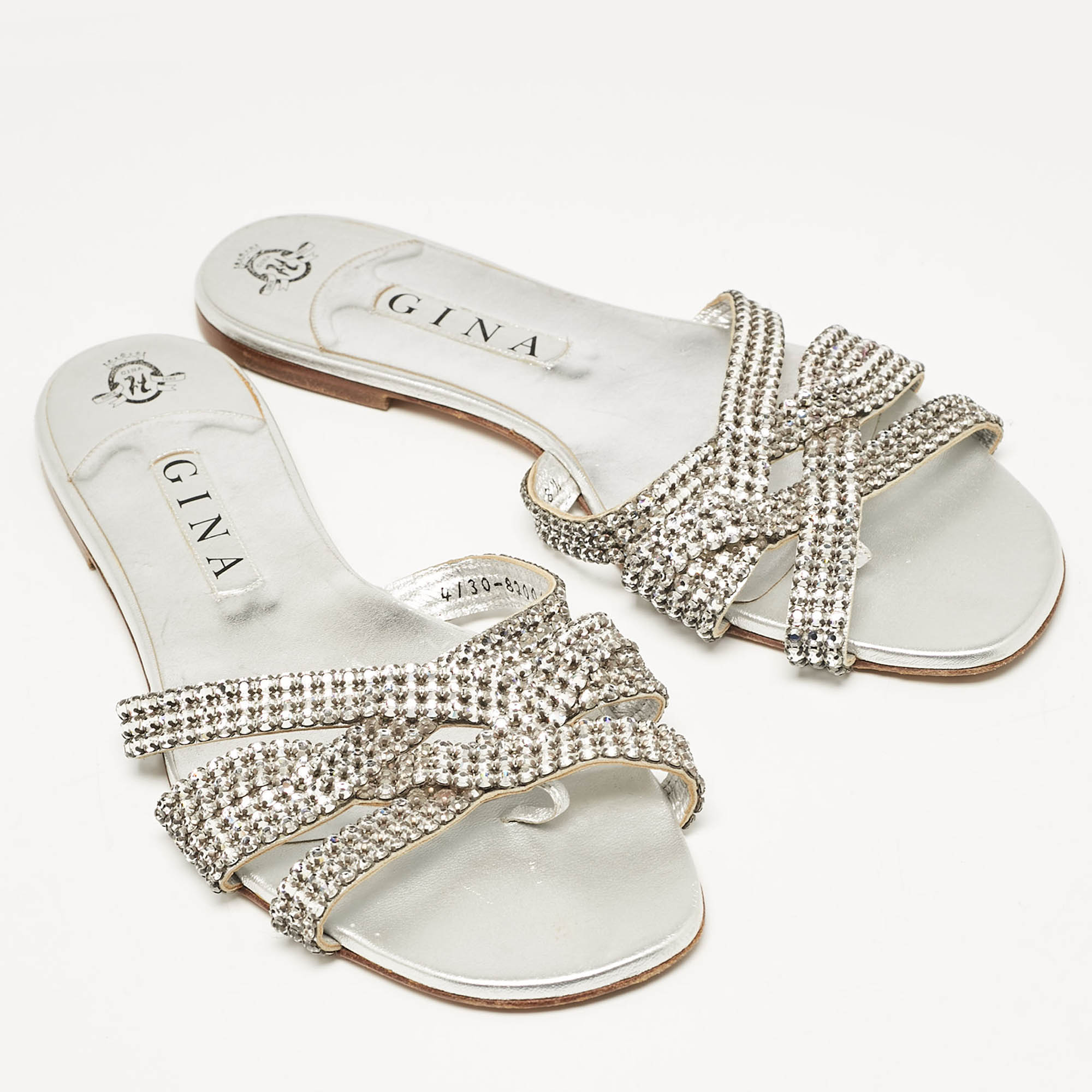 Gina Silver Leather Crystal Embellished  Flat Sandals Size 41.5 