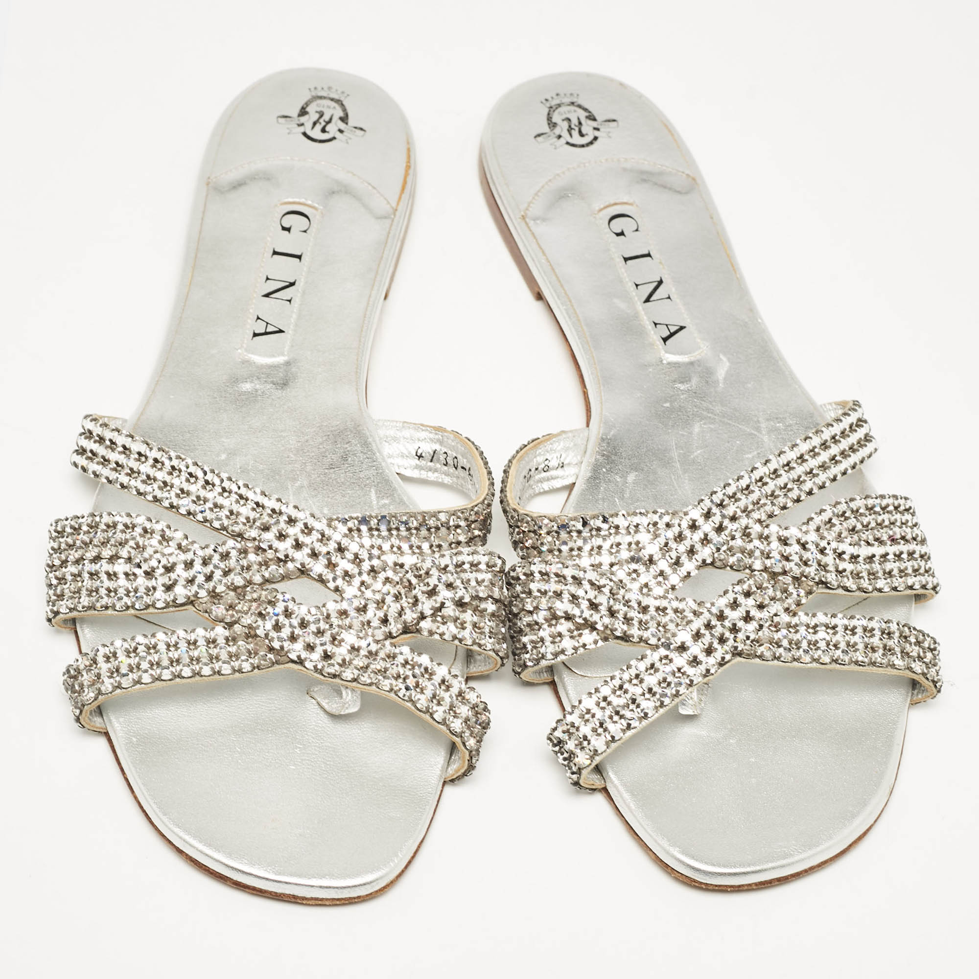 Gina Silver Leather Crystal Embellished  Flat Sandals Size 41.5 