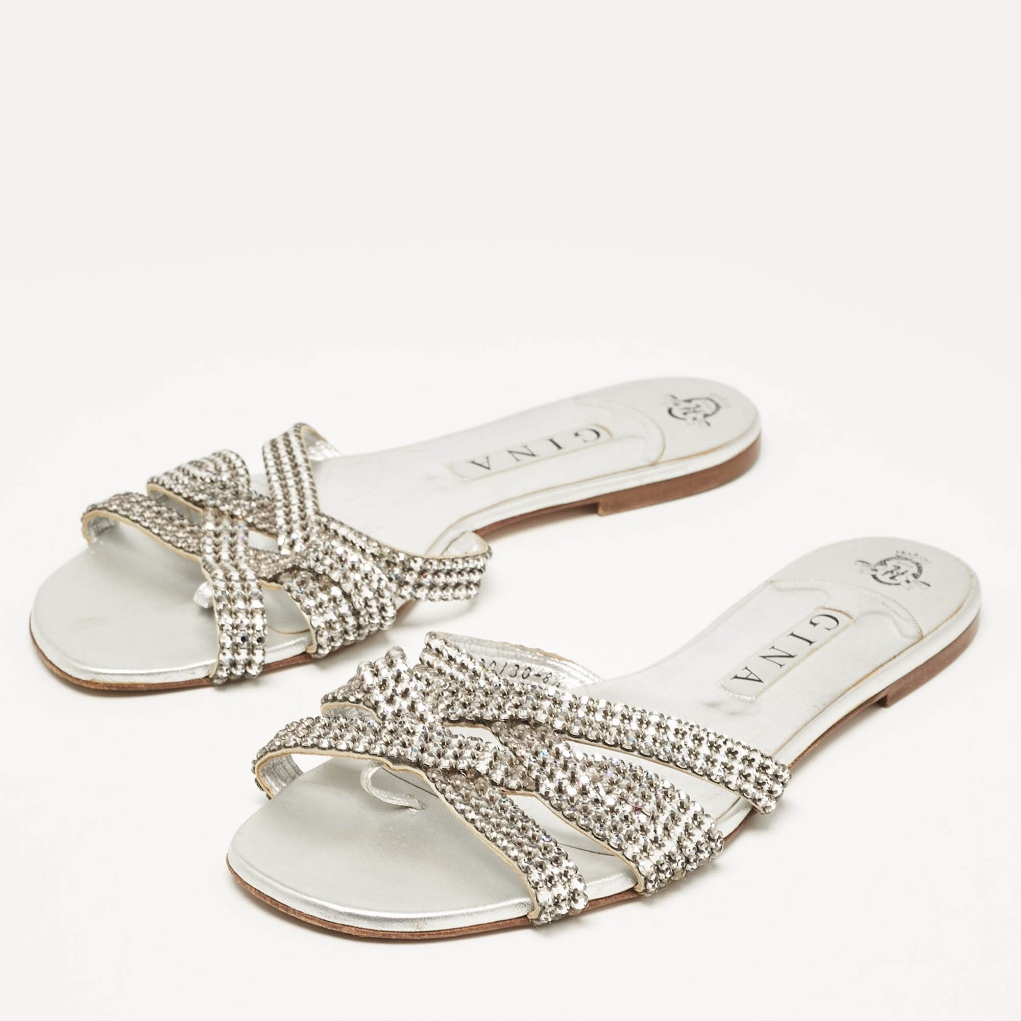Gina Silver Leather Crystal Embellished  Flat Sandals Size 41.5 