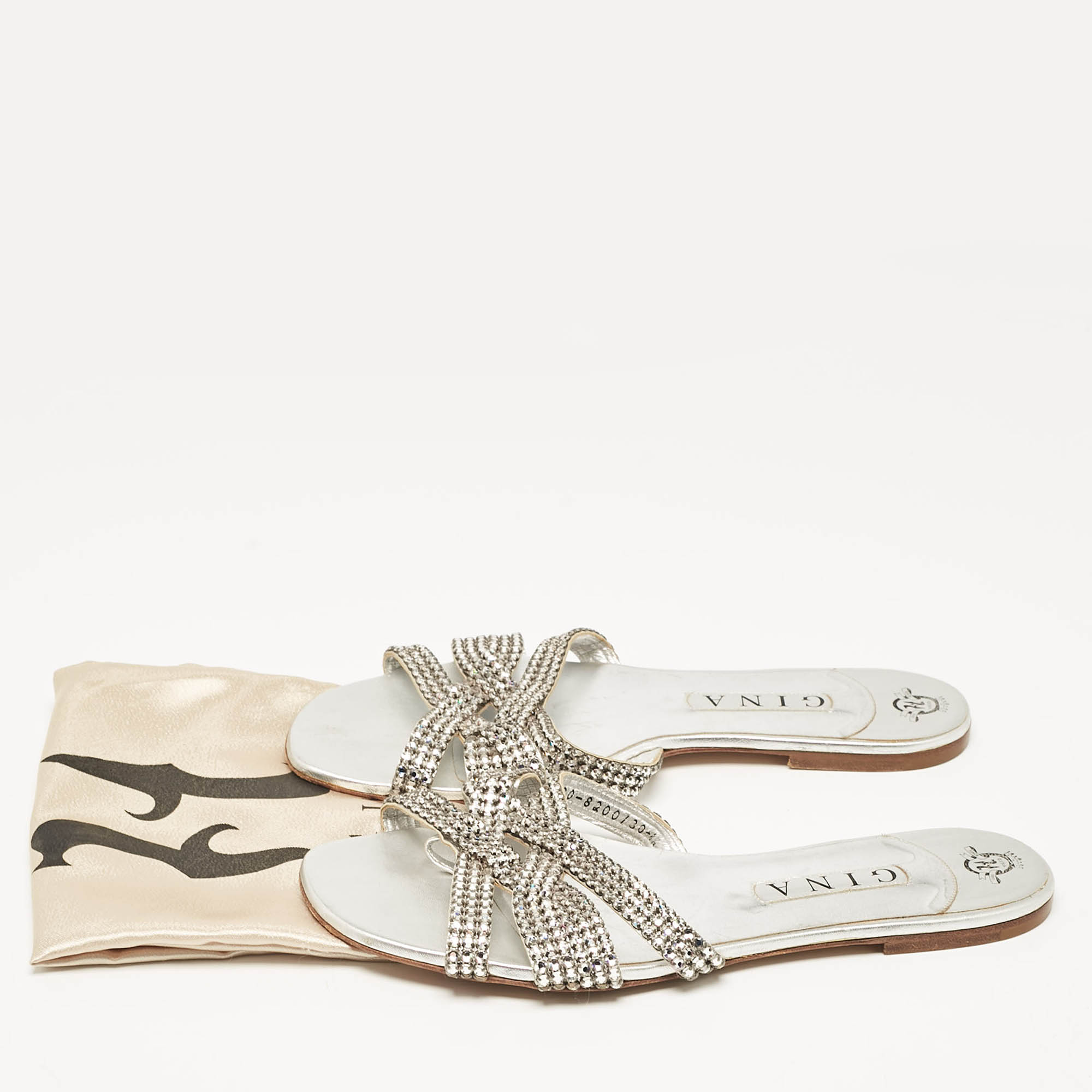 Gina Silver Leather Crystal Embellished  Flat Sandals Size 41.5 