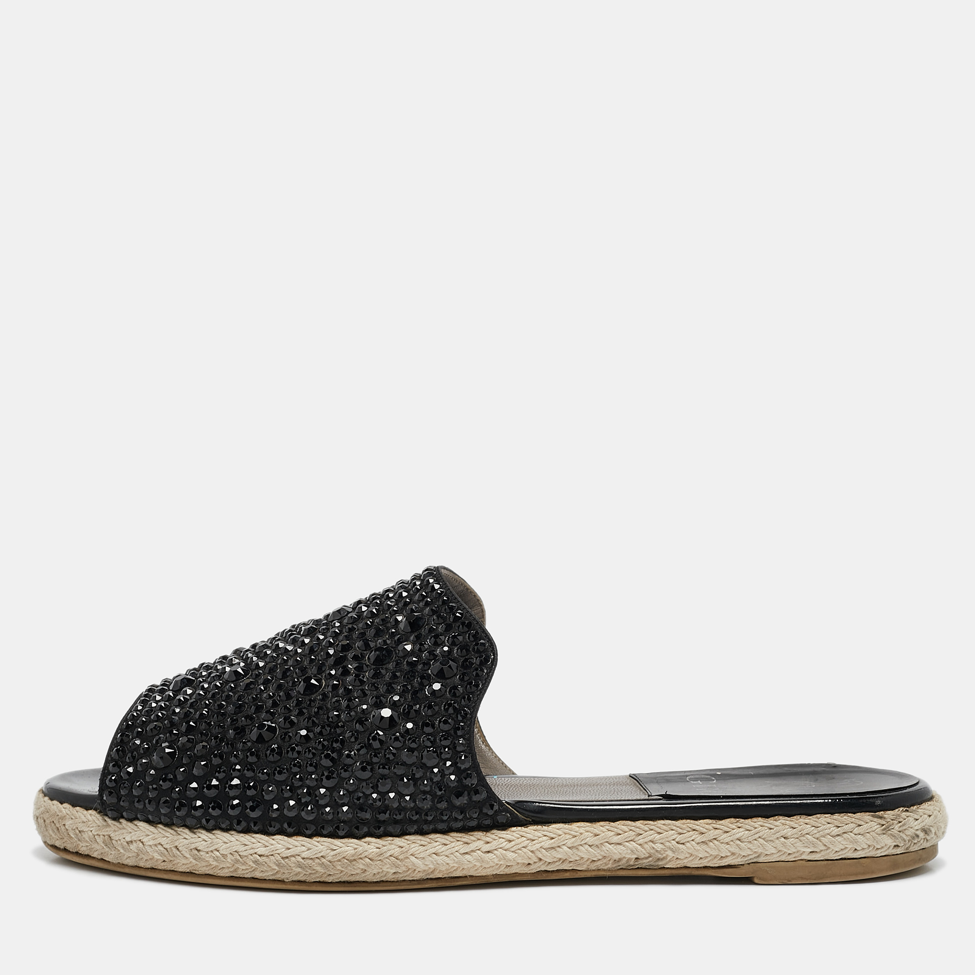 

Gina Black Satin Crystal Embellished Espadrille Flats Size 37