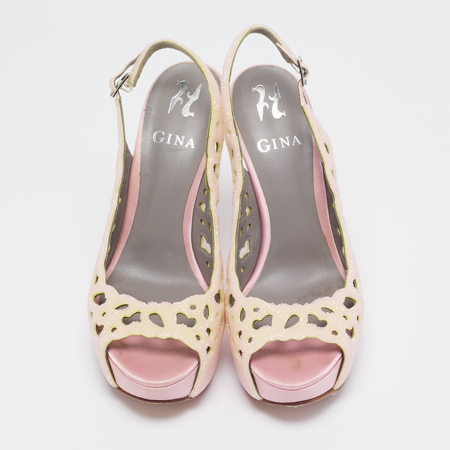 Gina Light Pink Crystal Embellished Suede Cut-Out Platform Slingback Sandals Size 38.5 