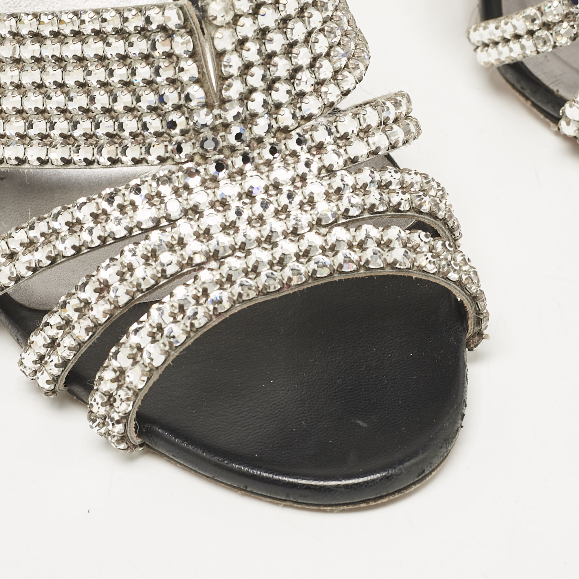 Gina Silver Crystal Embellished Leather Open Toe Sandals Size 40 