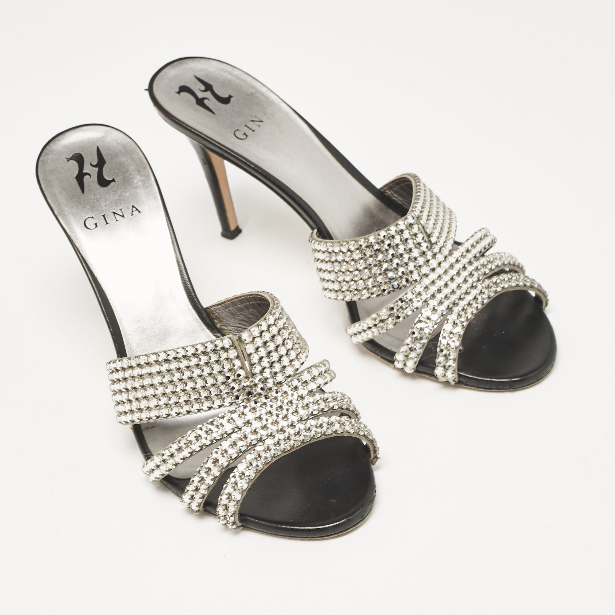 Gina Silver Crystal Embellished Leather Open Toe Sandals Size 40 