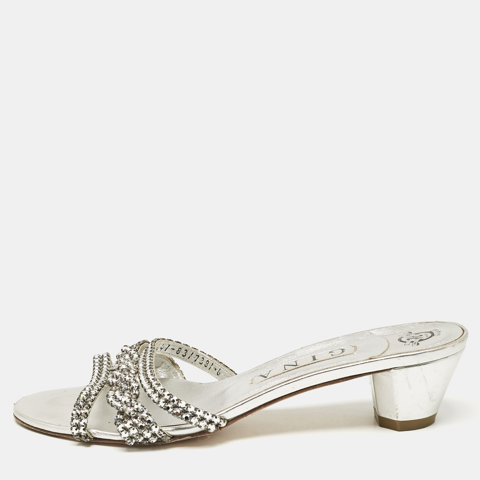 

Gina Silver Leather Crystal Embellished Slide Sandals Size 39