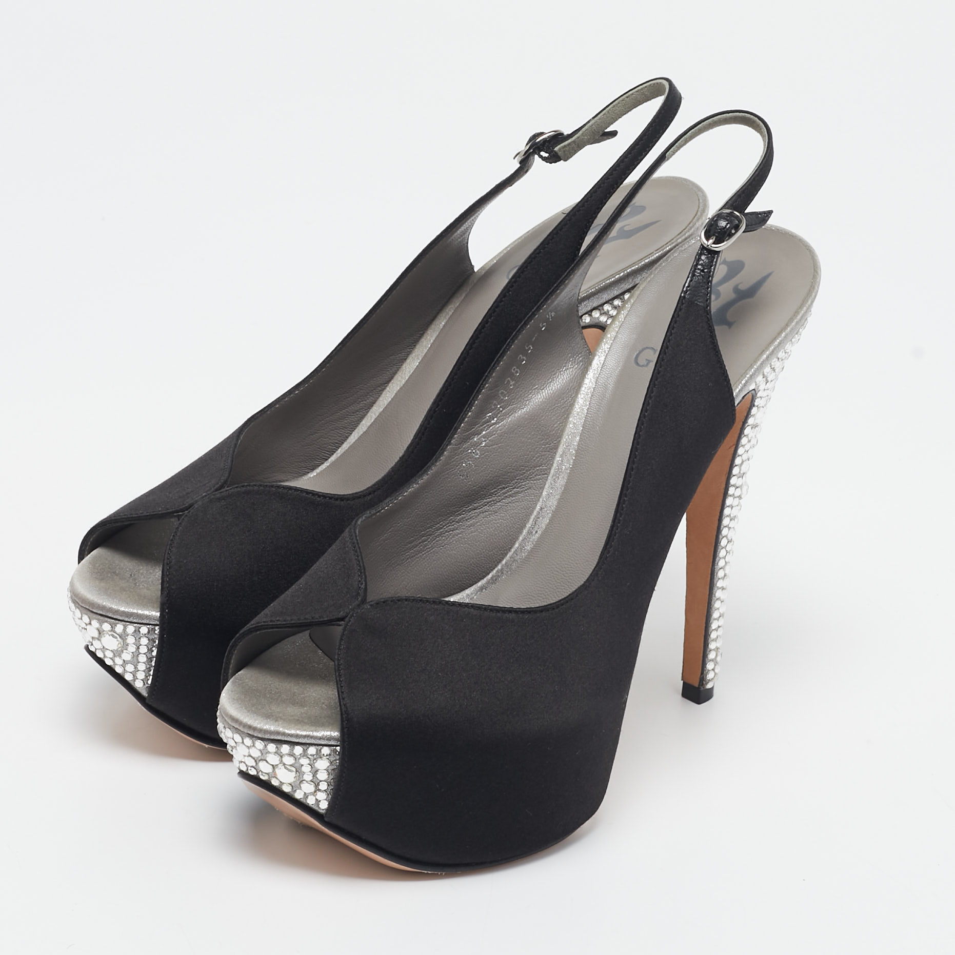 Gina Black Satin Crystal Platform  Slingback Sandals Size 38.5 