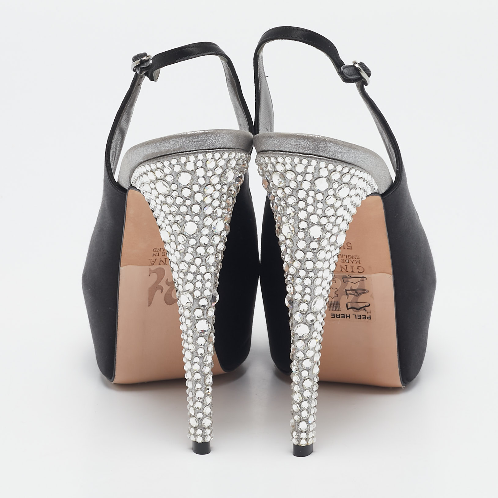 Gina Black Satin Crystal Platform  Slingback Sandals Size 38.5 