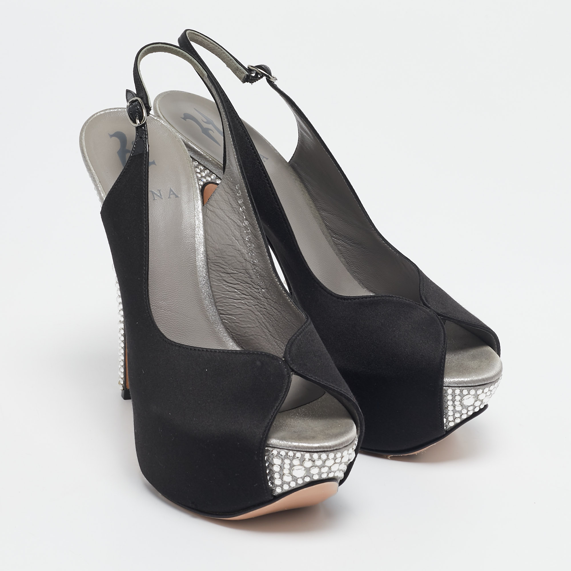 Gina Black Satin Crystal Platform  Slingback Sandals Size 38.5 