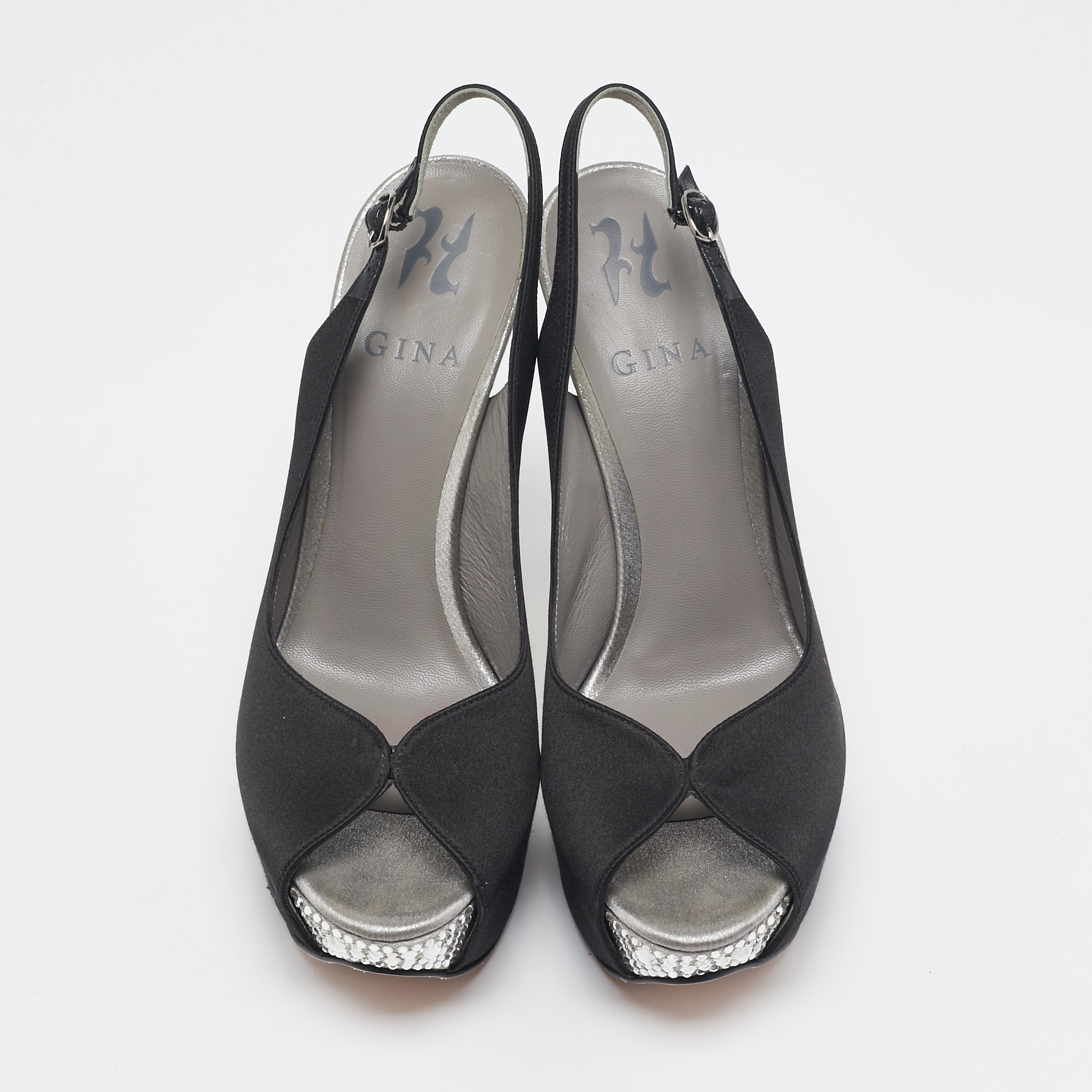 Gina Black Satin Crystal Platform  Slingback Sandals Size 38.5 