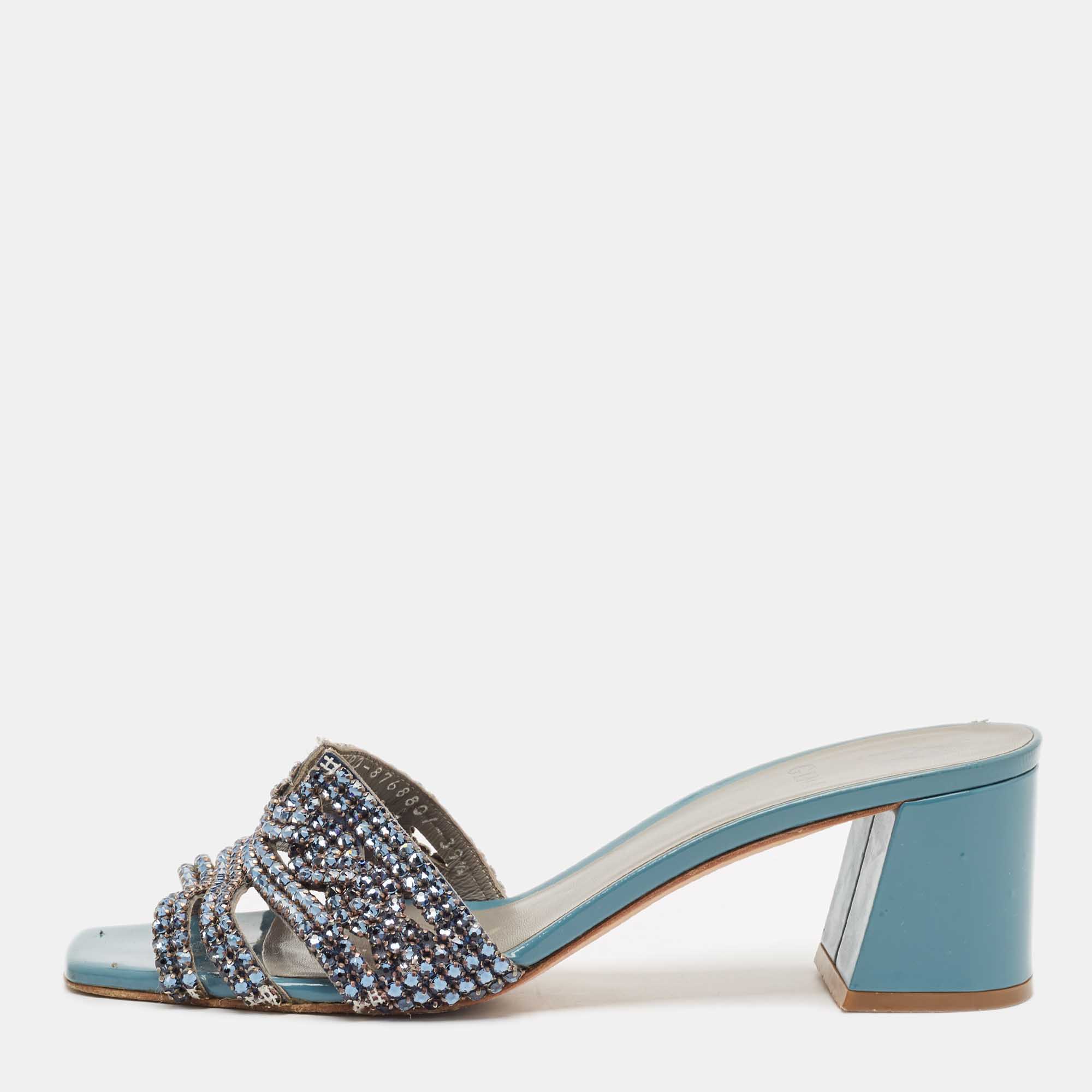 

Gina Blue Leather Crystal Embellished Utah Slide Sandals Size