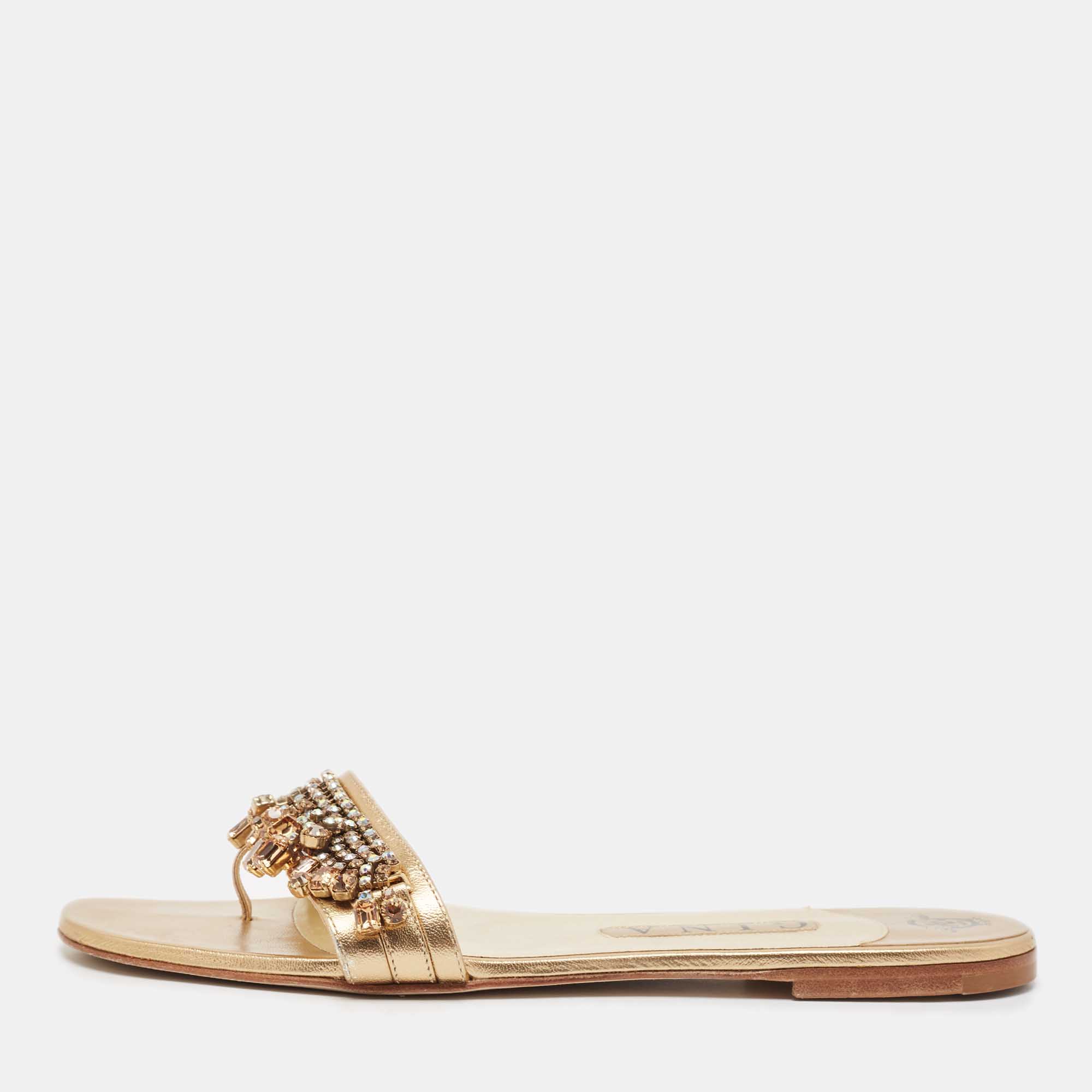 

Gina Gold Leather Crystal Embellished Flat Slides Size 39.5