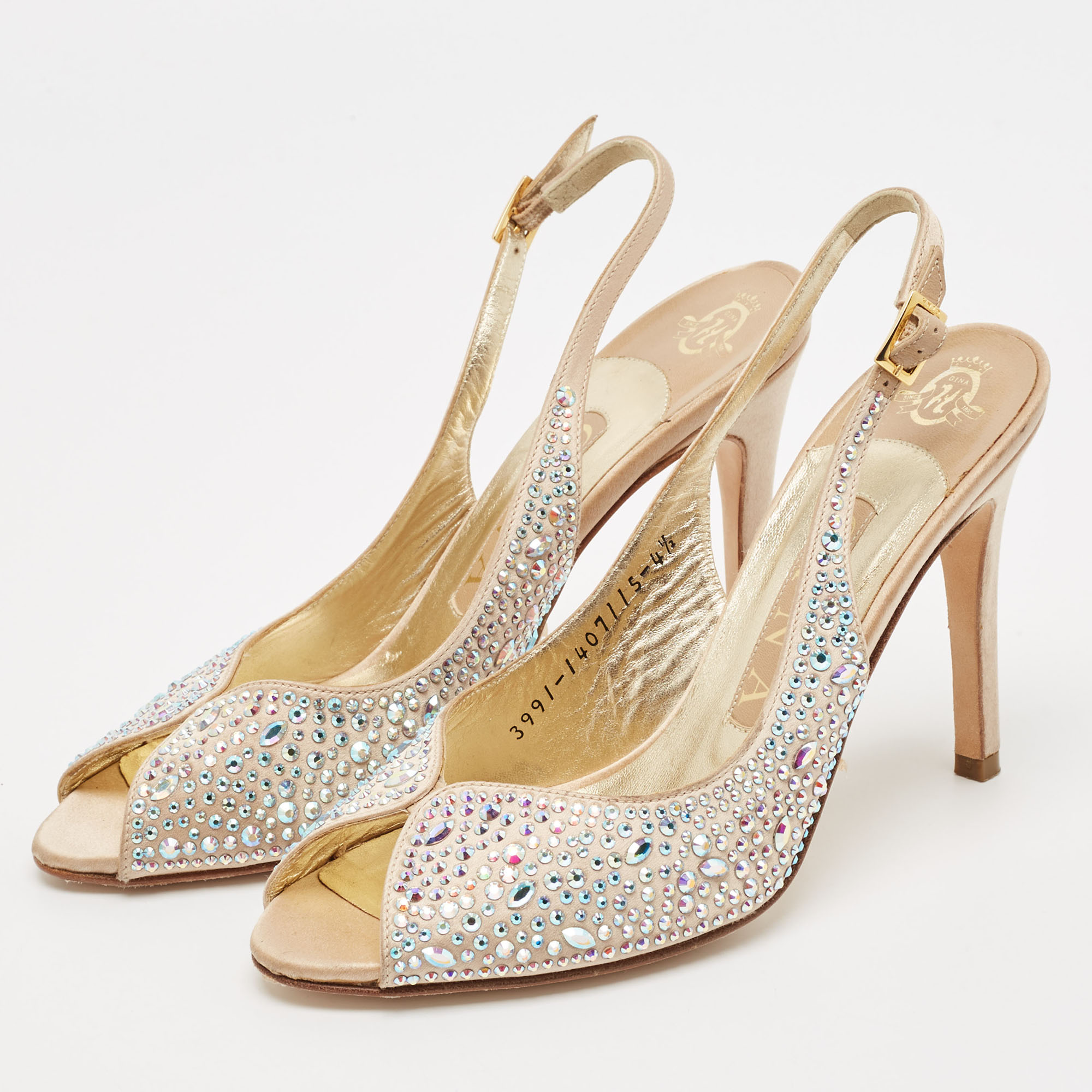 Gina Gold Crystal Embellished Satin Slingback Sandals Size 37.5 
