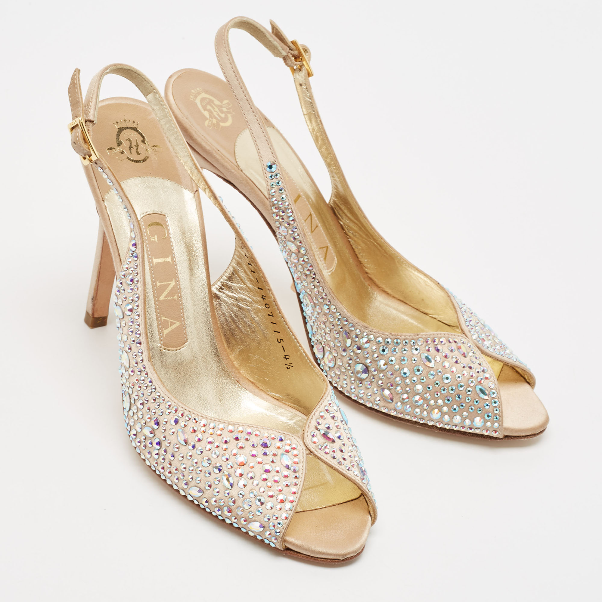 Gina Gold Crystal Embellished Satin Slingback Sandals Size 37.5 