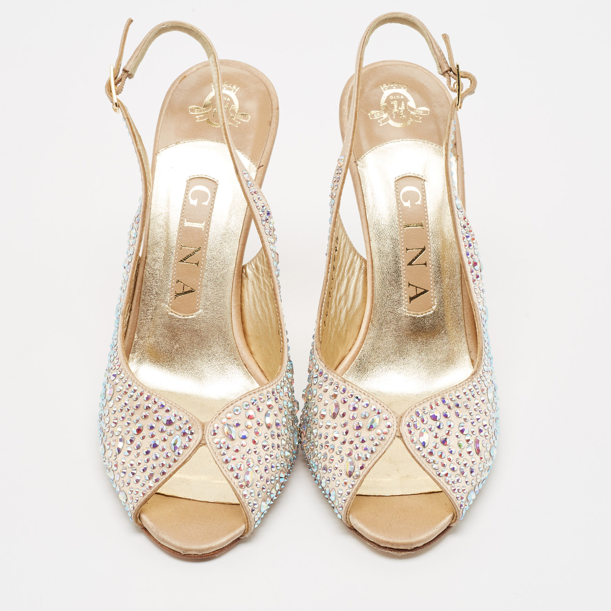 Gina Gold Crystal Embellished Satin Slingback Sandals Size 37.5 