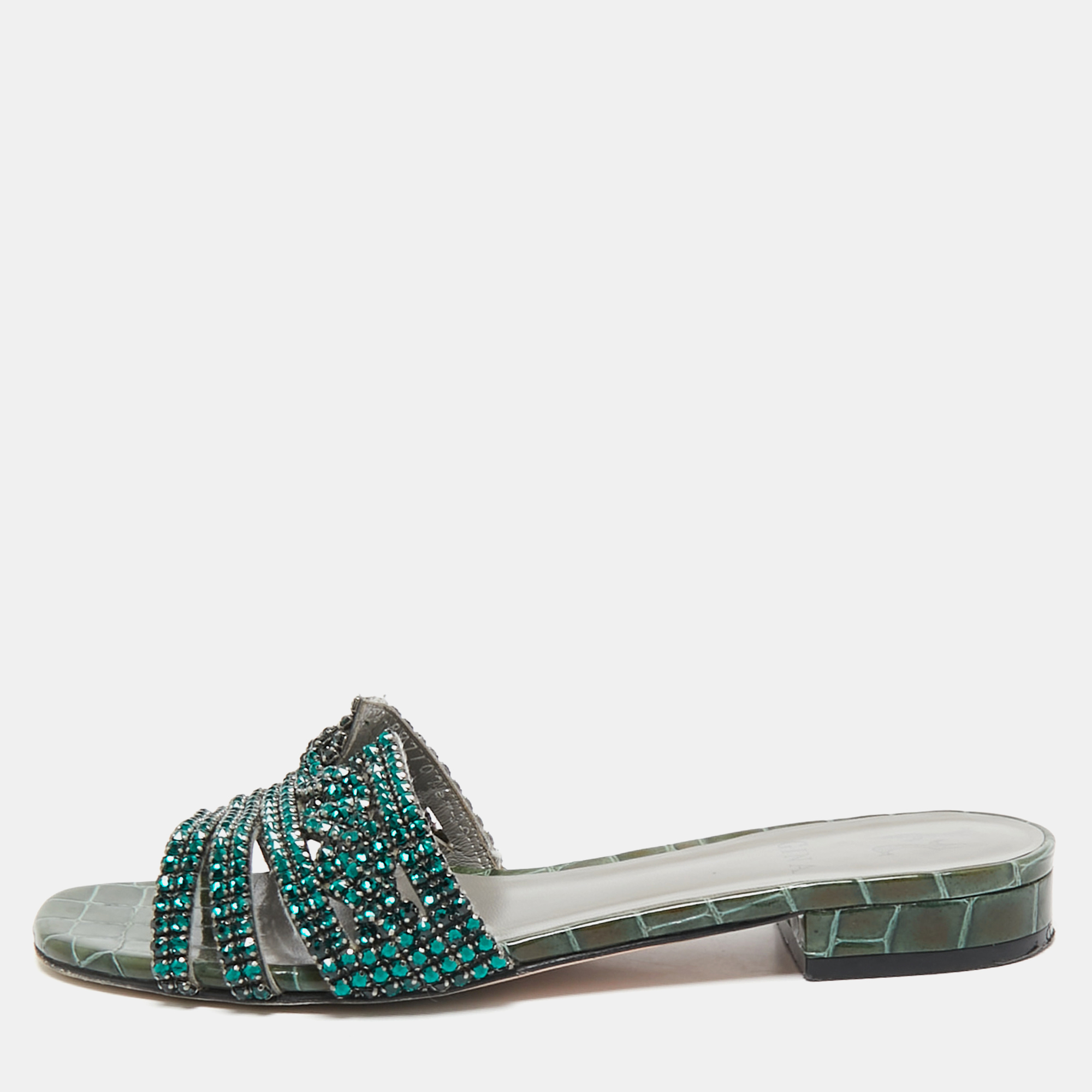 

Gina Green Crystal Embellished Leather Flat Slides Size 39