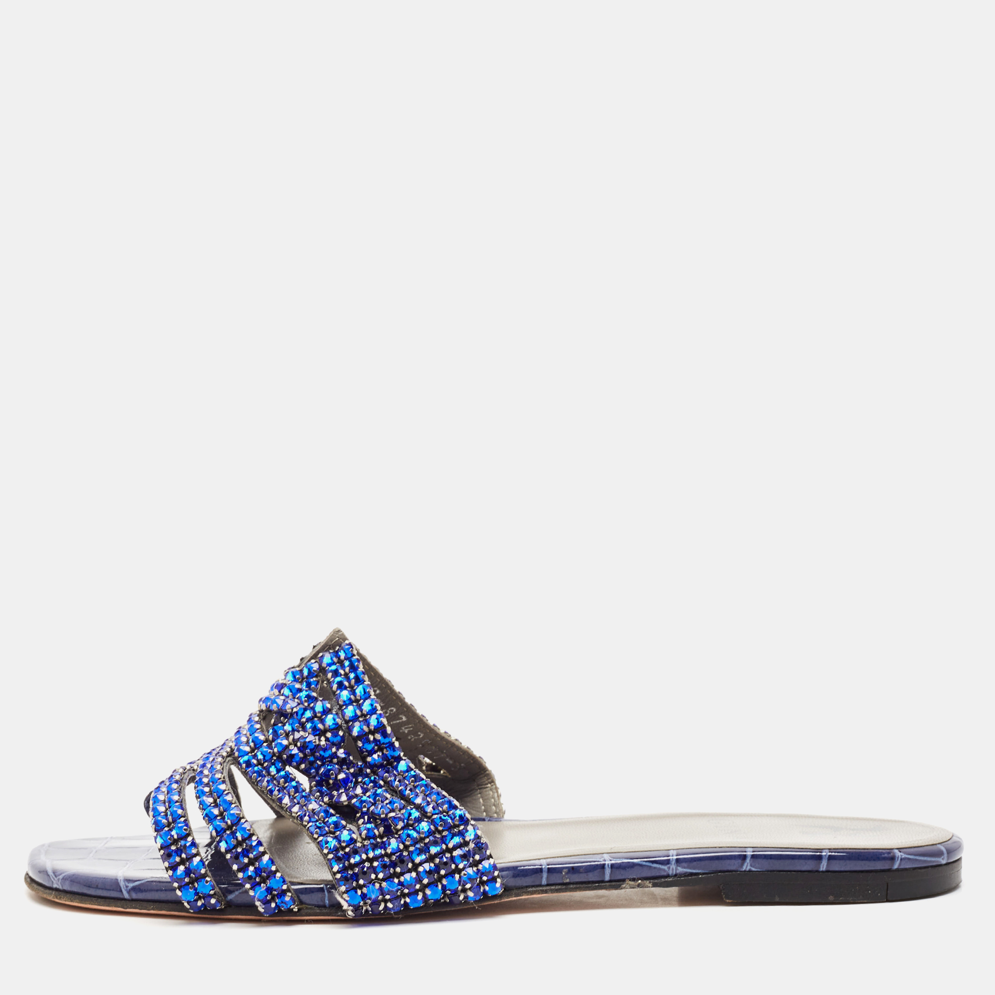 

Gina Silver Croc Embossed Leather Crystals Flat Slides Size 38, Blue