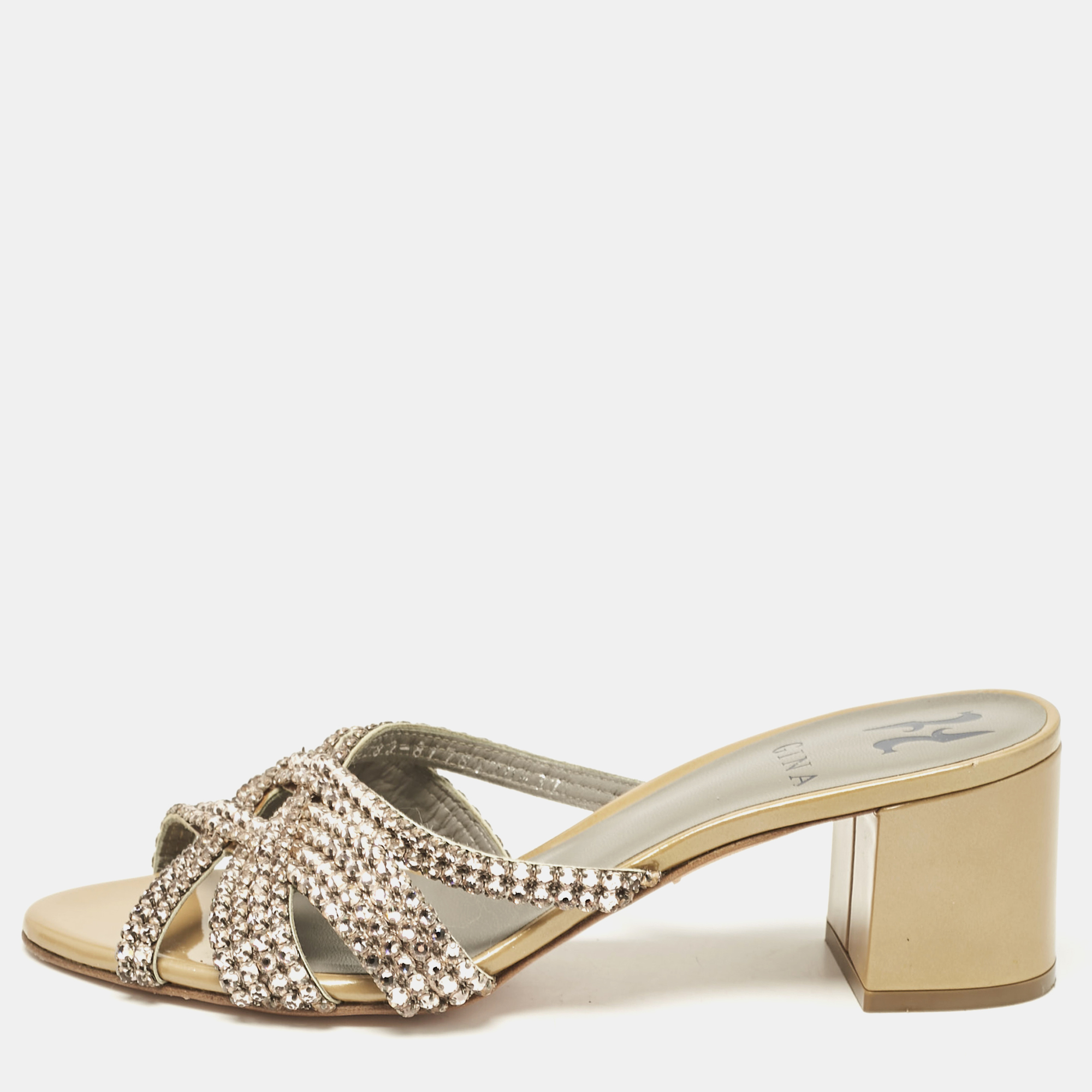 

Gina Gold/BrownCrystal Embellished Leather Slide Sandals Size, Brown